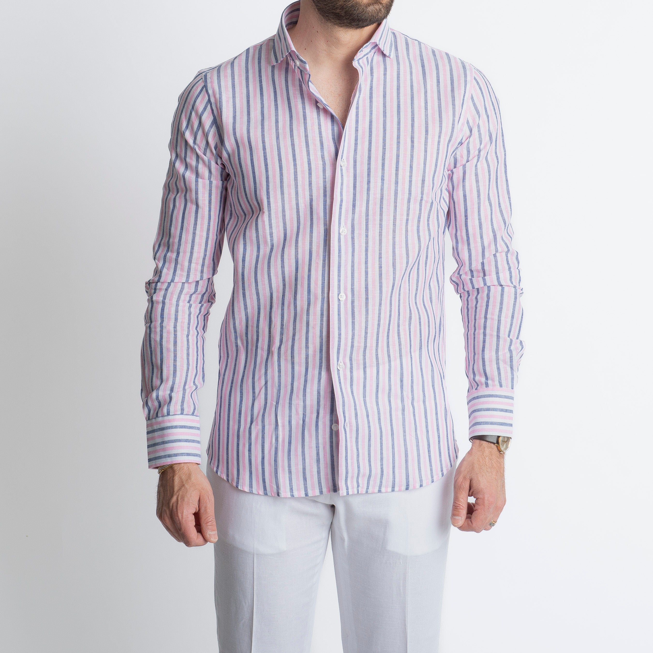 Camicia in Lino Rigata Blu/Rosa