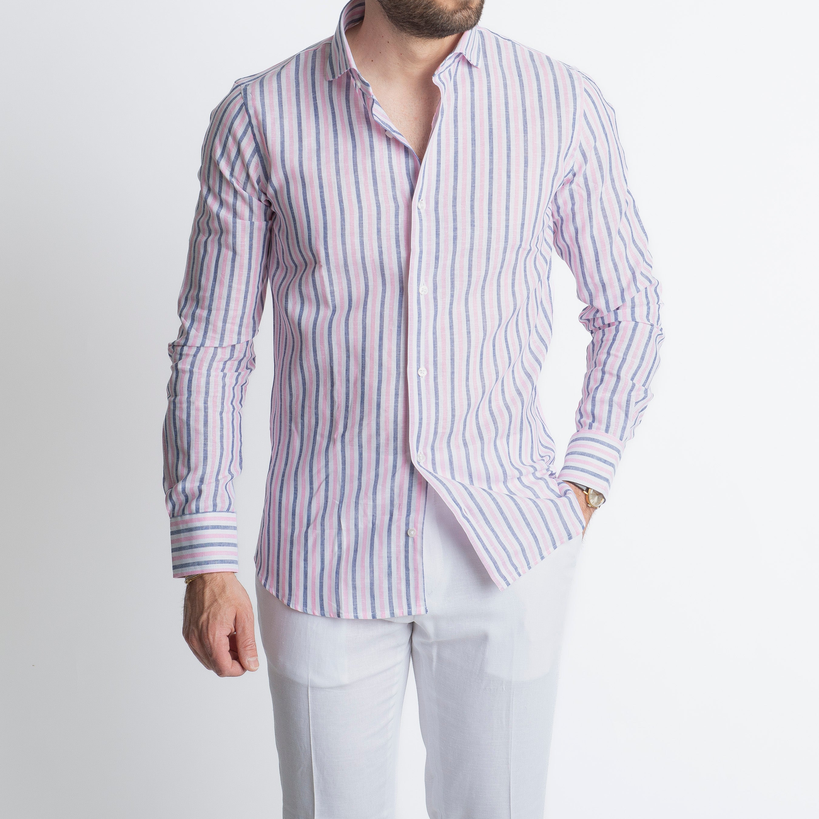 Camicia in Lino Rigata Blu/Rosa