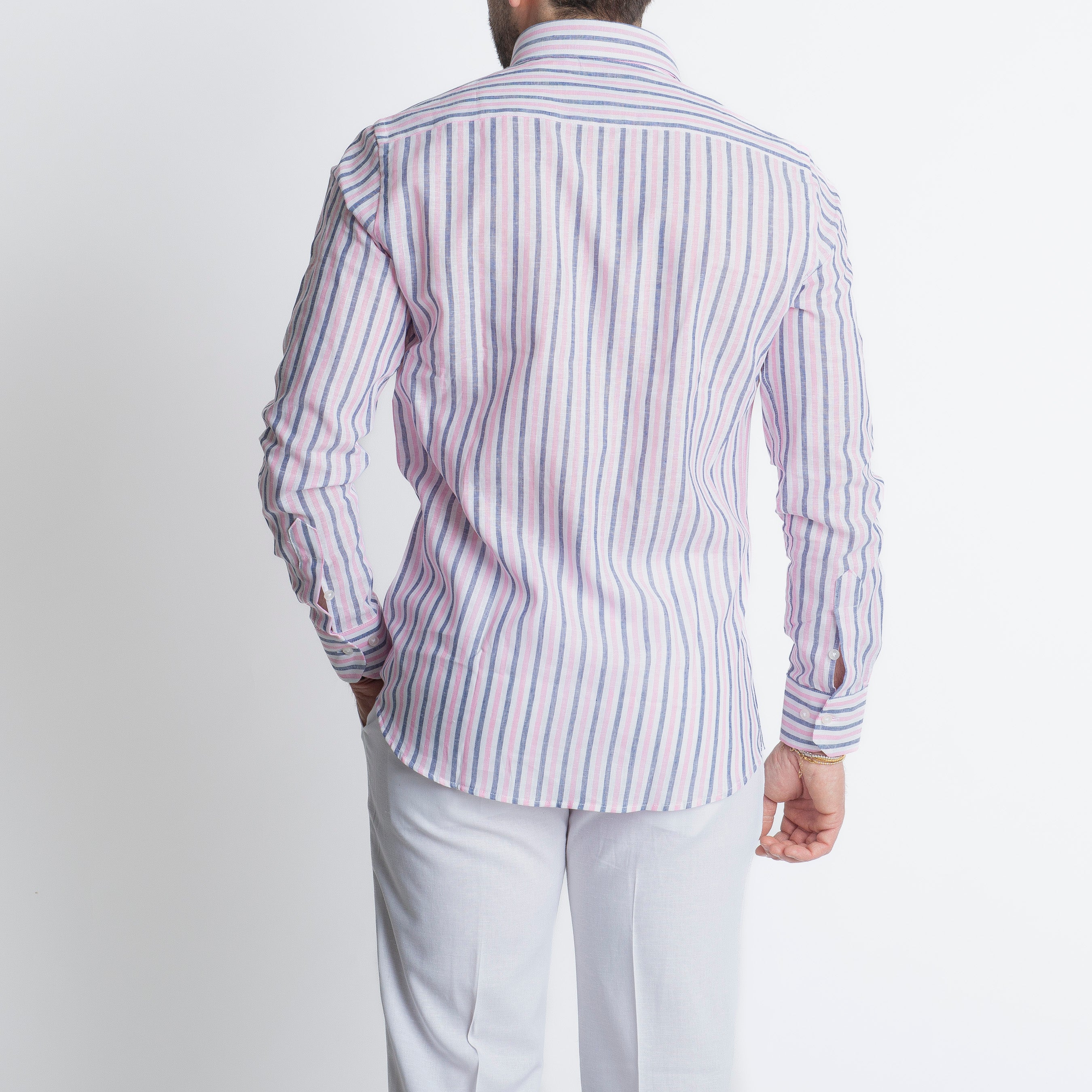Camicia in Lino Rigata Blu/Rosa
