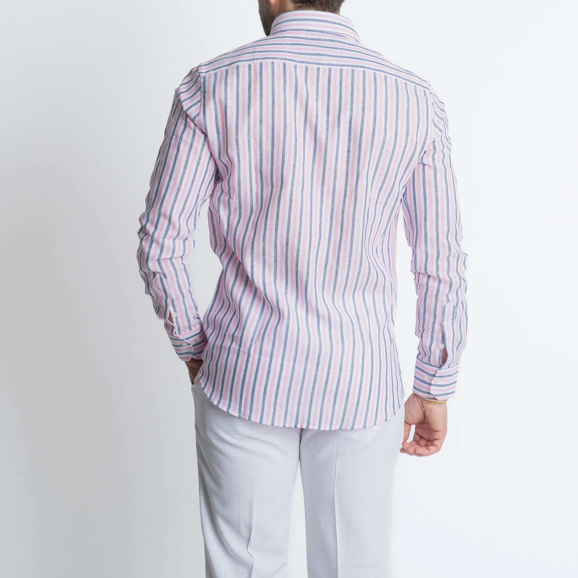 Camicia in Lino Rigata Blu/Rosa