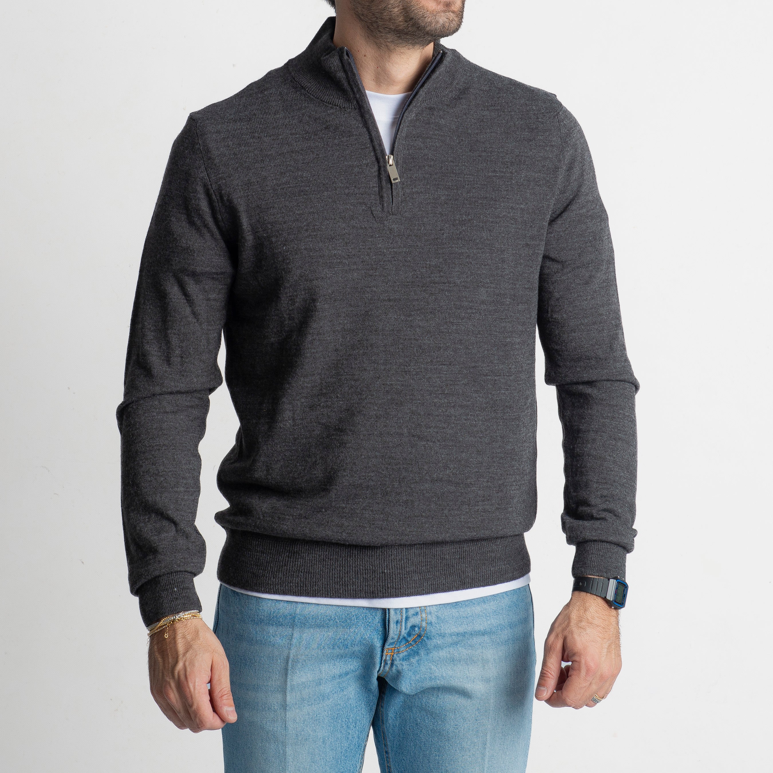 Maglioncino in Lana Mezza Zip Grigio Antracite