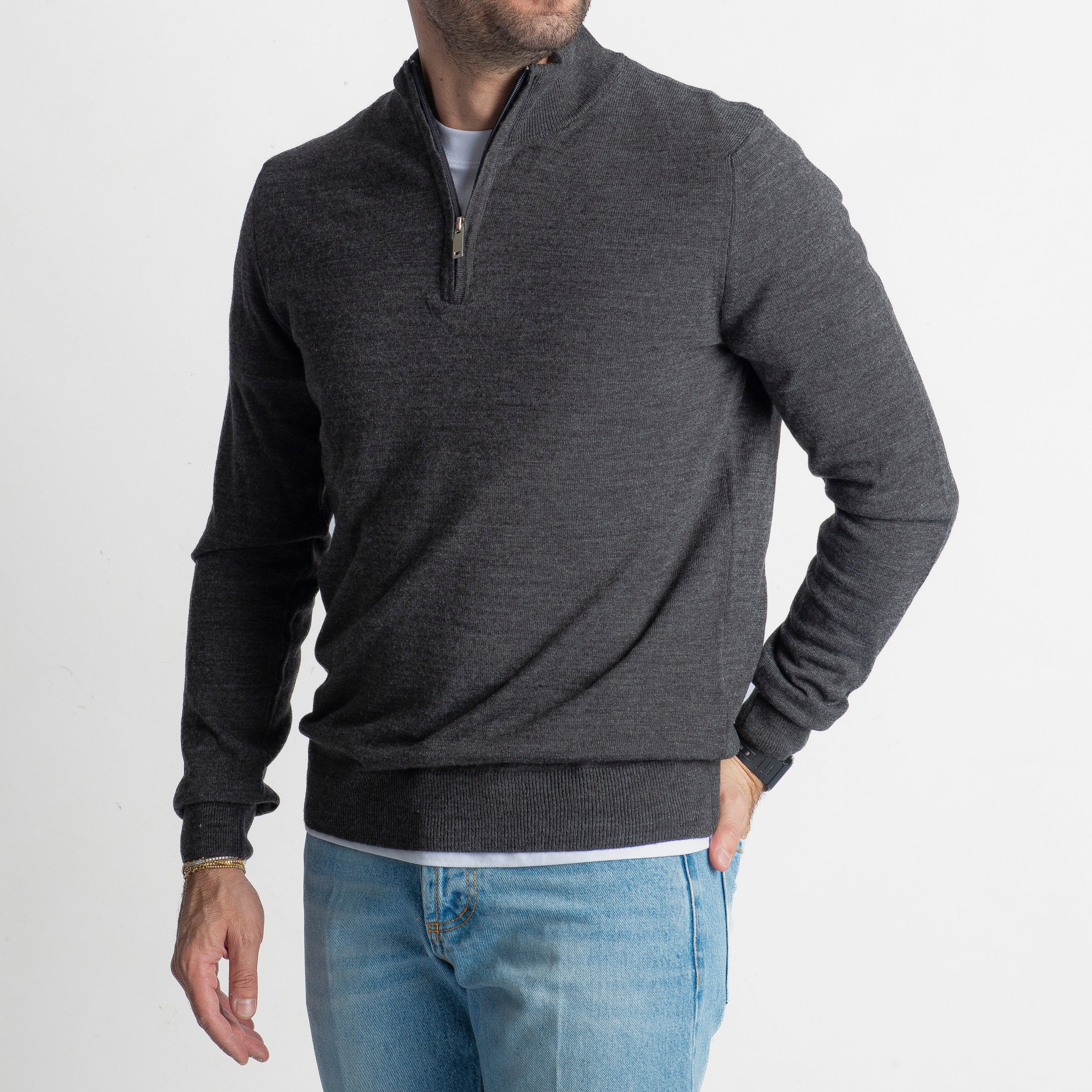 Maglioncino in Lana Mezza Zip Grigio Antracite