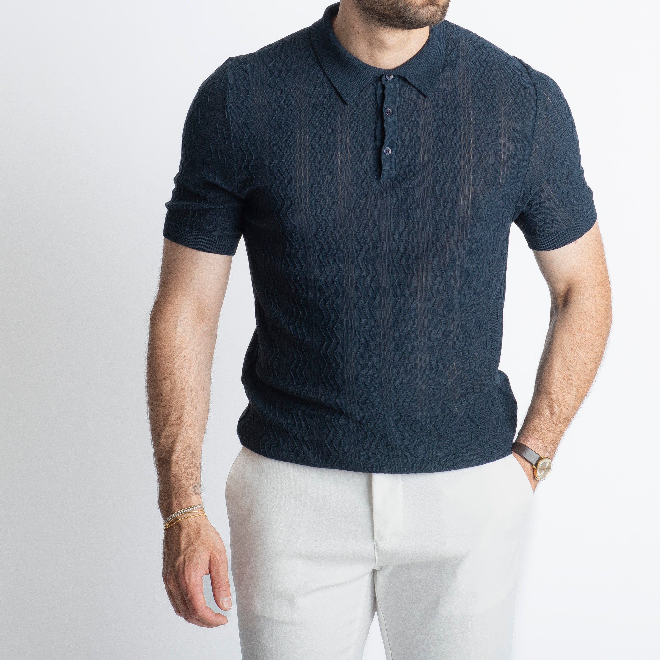 Polo tre Bottoni Tai in Crêpe di Cotone Blu