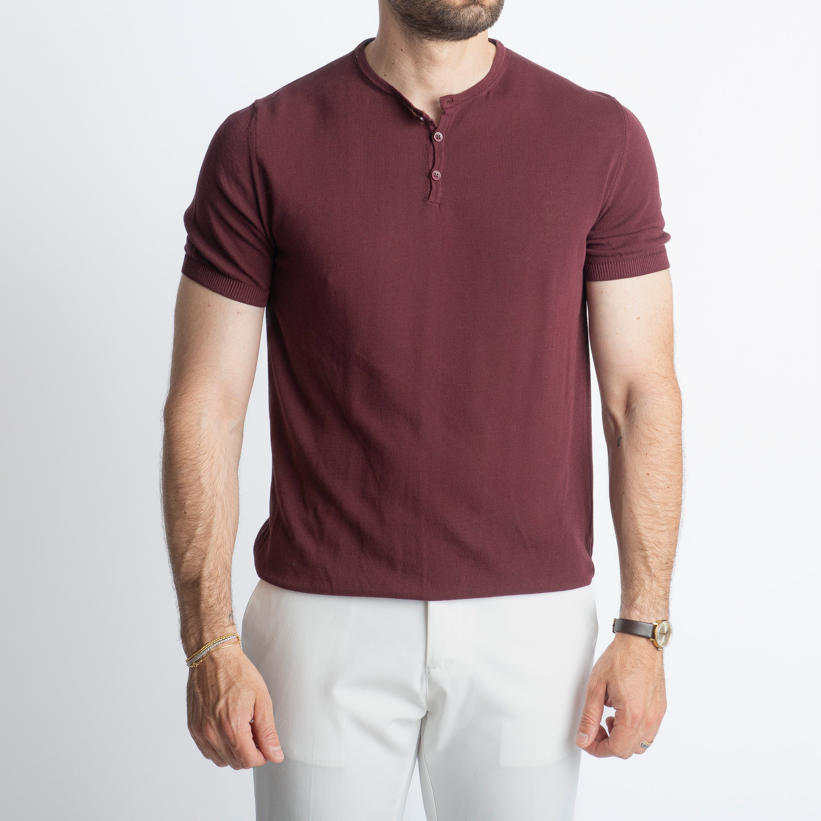 T-shirt Serafino in Crêpe di Cotone vinaccia