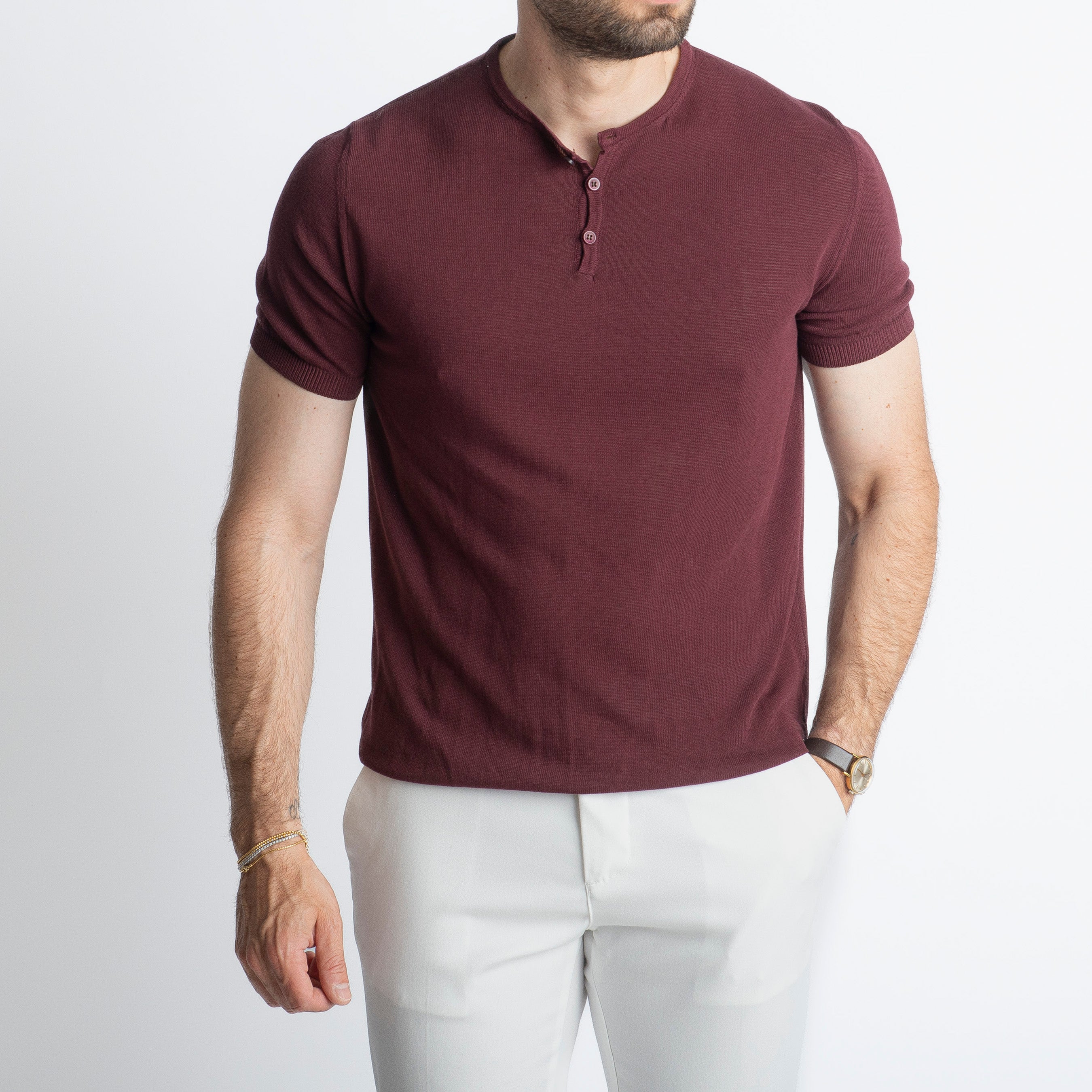T-shirt Serafino in Crêpe di Cotone vinaccia