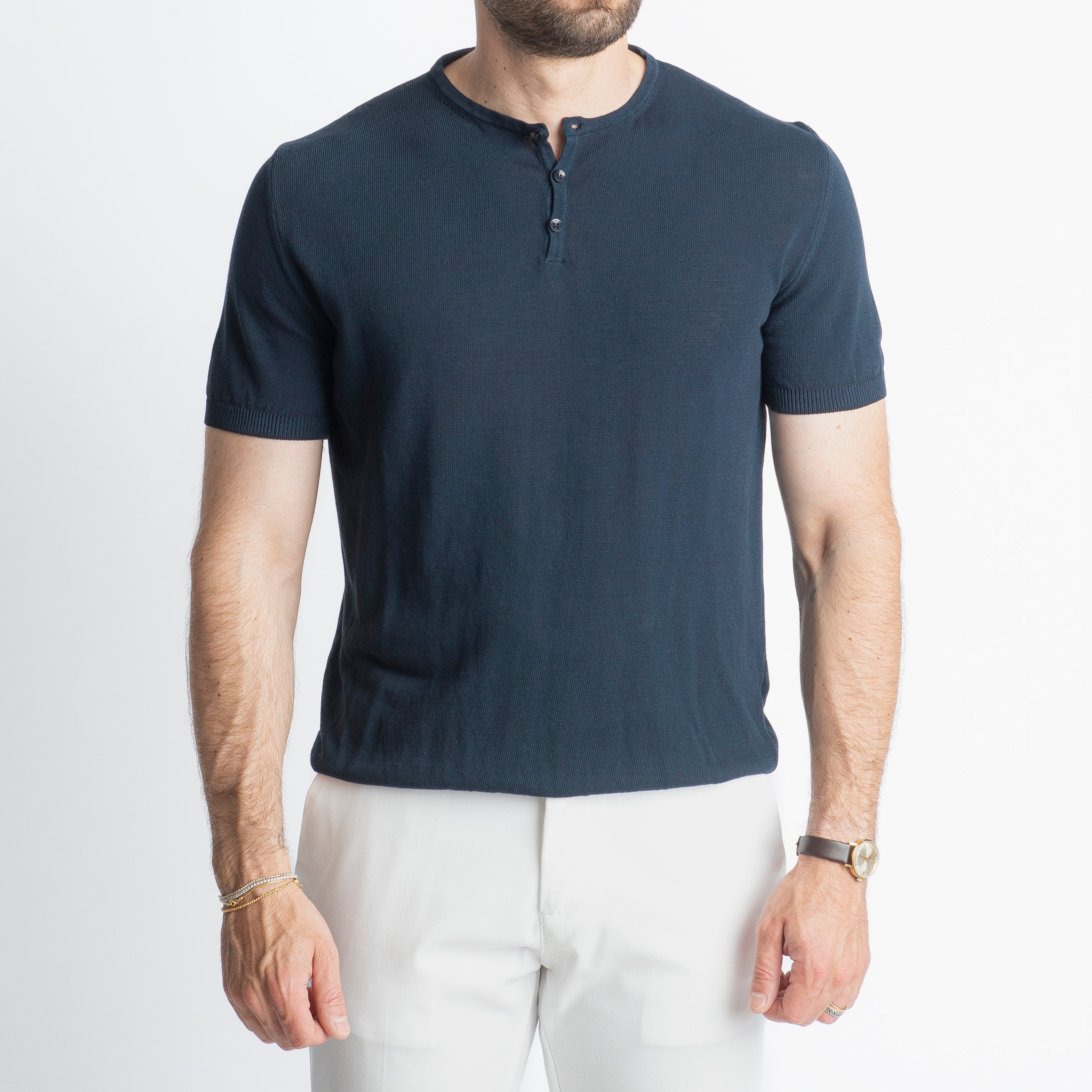 T-shirt Serafino in Crêpe di Cotone Blu