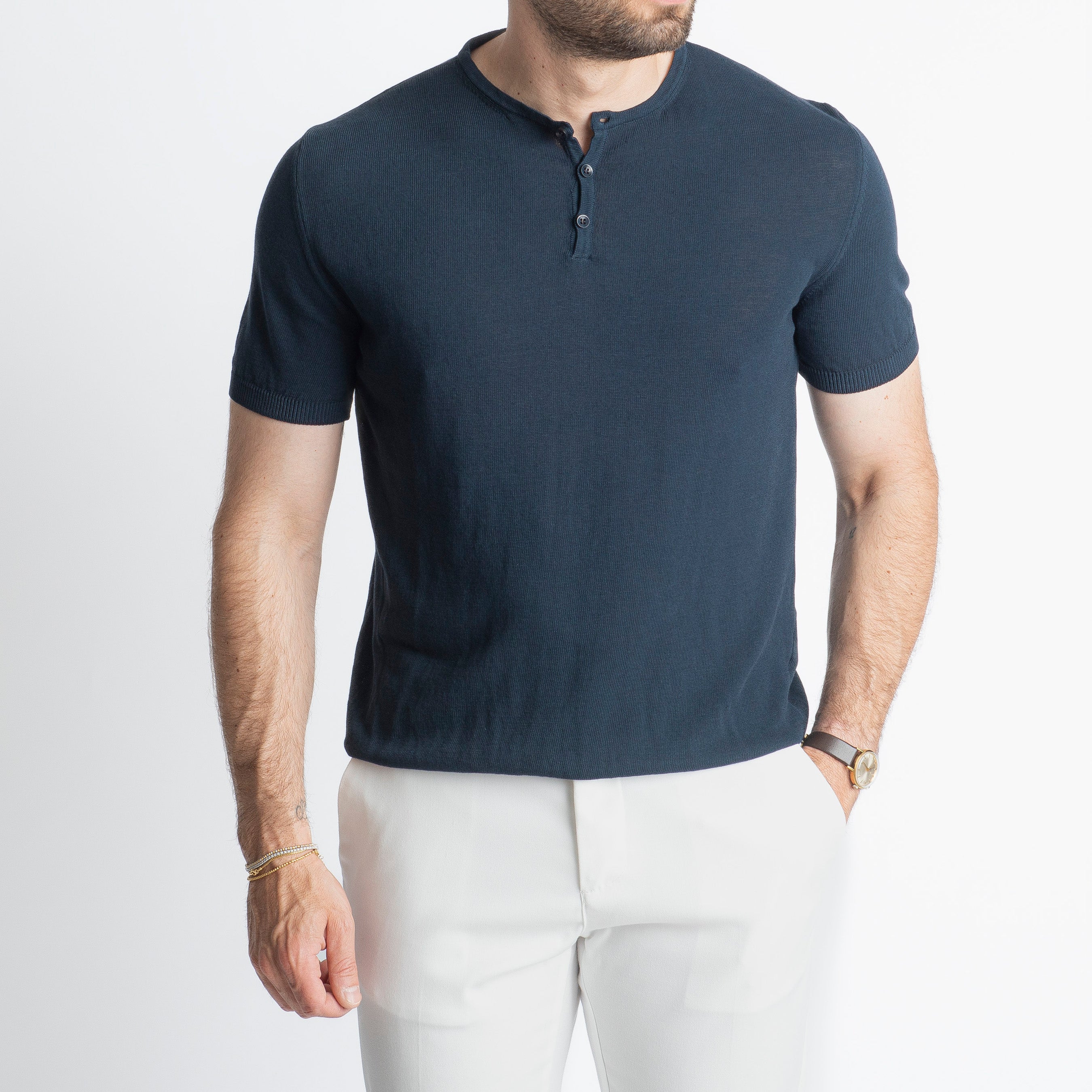 T-shirt Serafino in Crêpe di Cotone Blu
