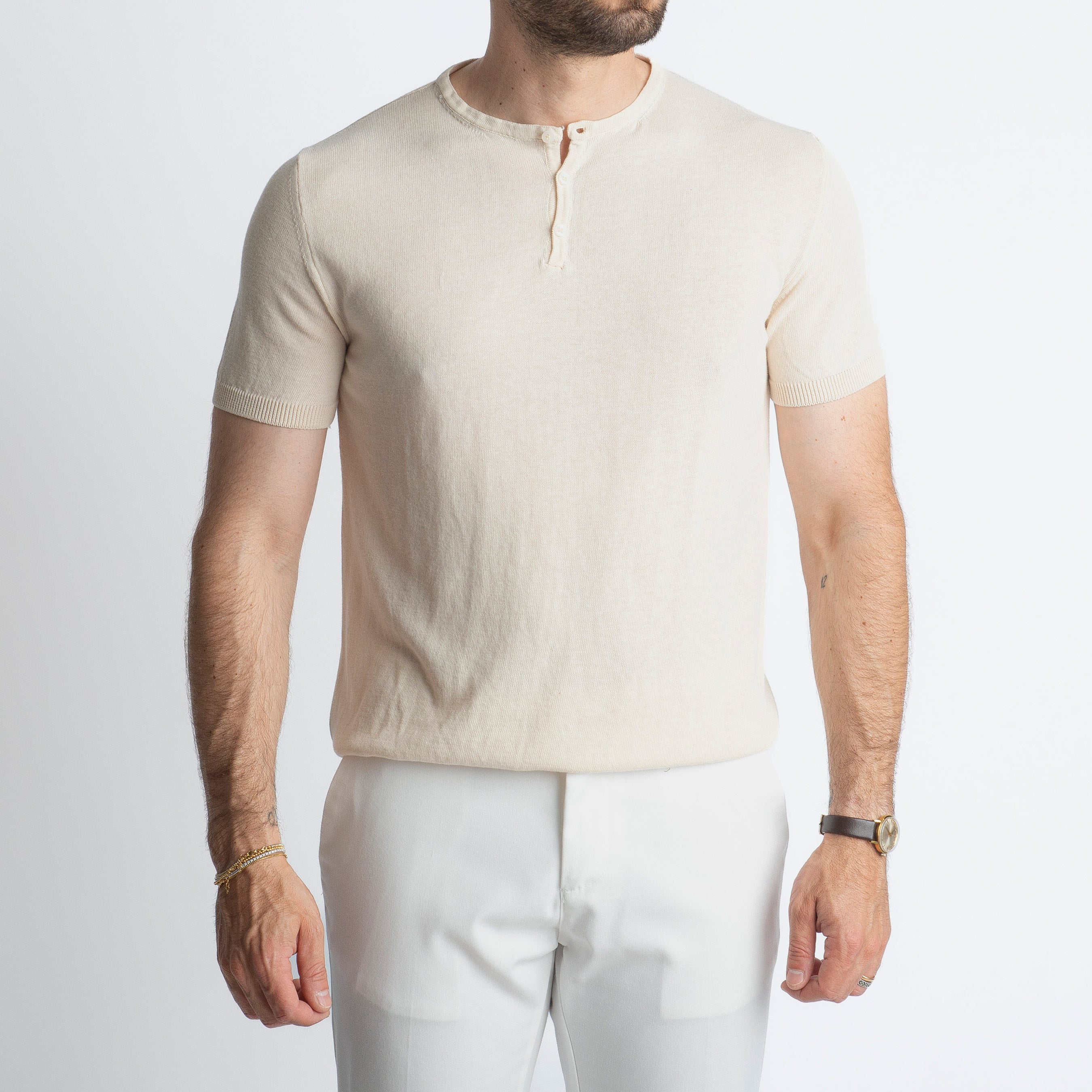 T-shirt Serafino in Crêpe di Cotone Panna