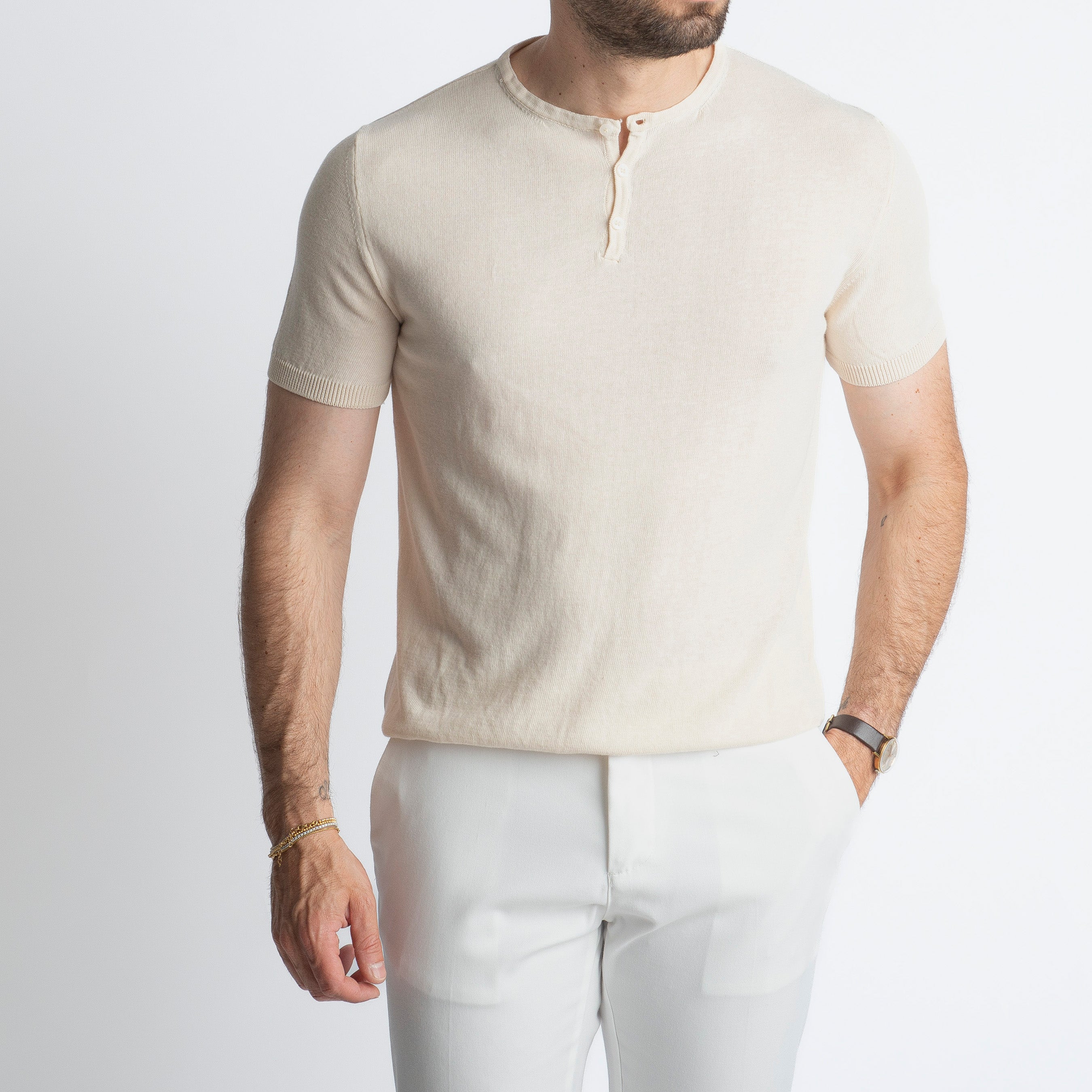 T-shirt Serafino in Crêpe di Cotone Panna