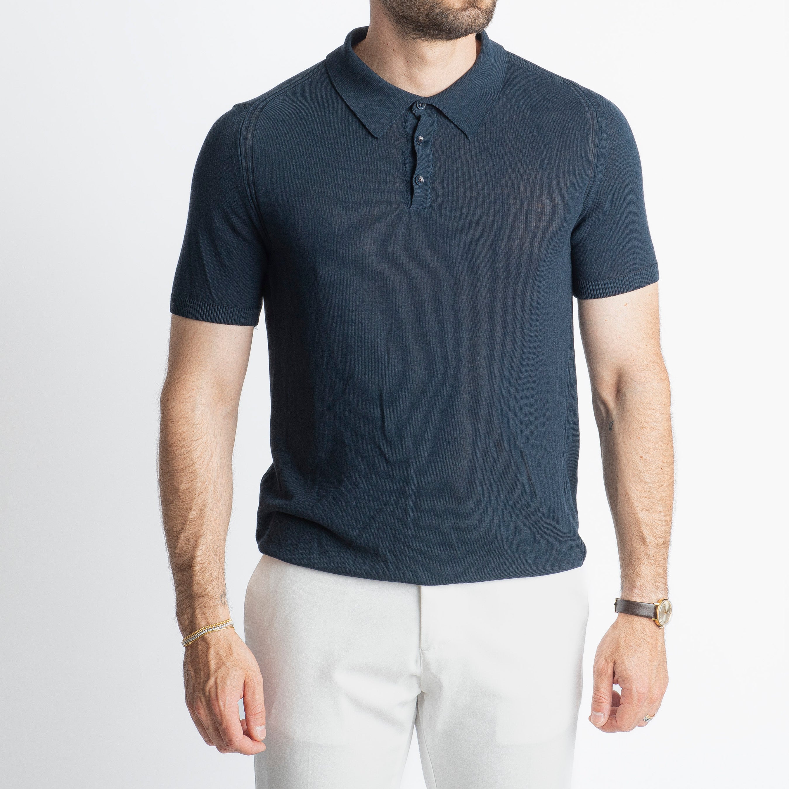 Polo tre Bottoni in Crêpe di Cotone Blu