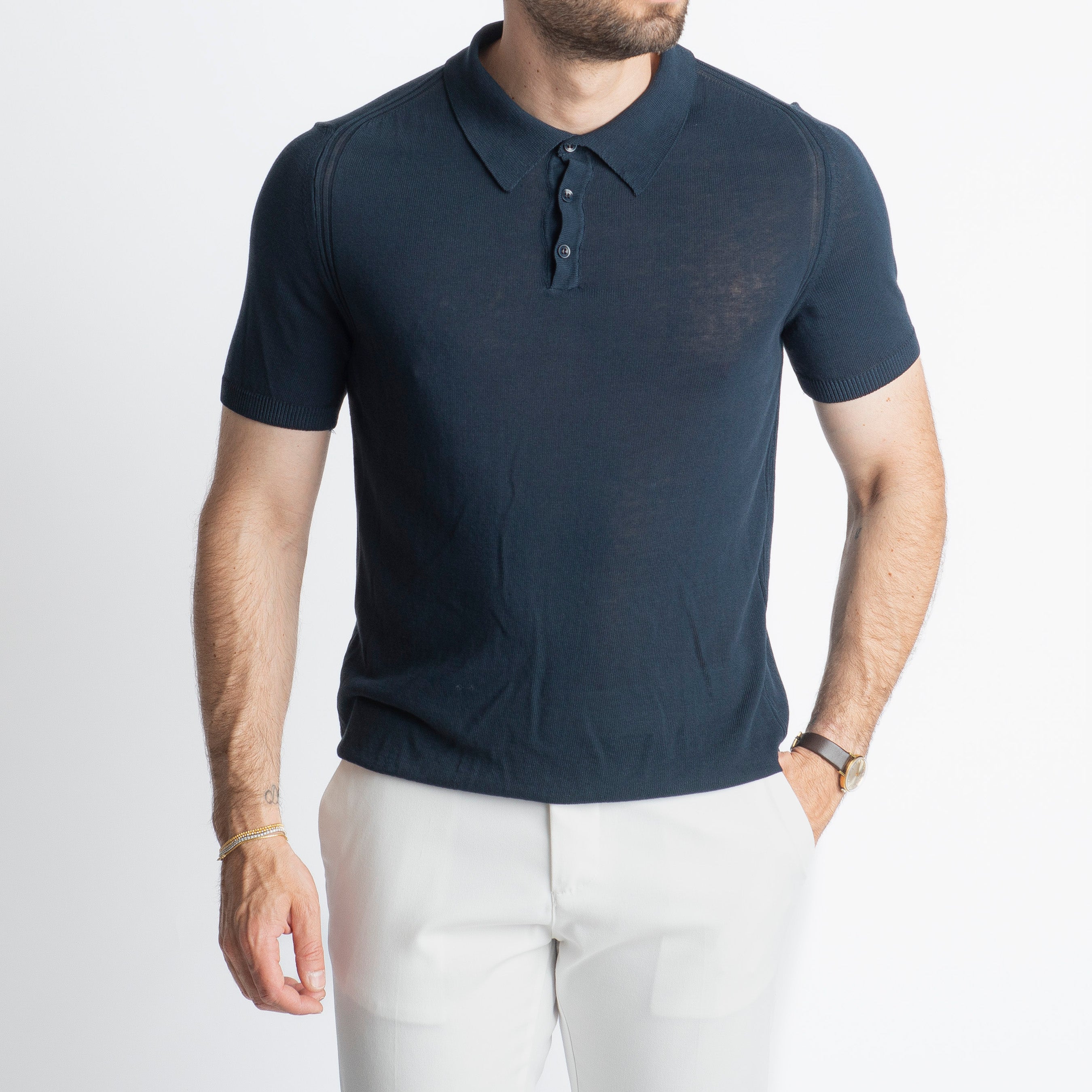 Polo tre Bottoni in Crêpe di Cotone Blu