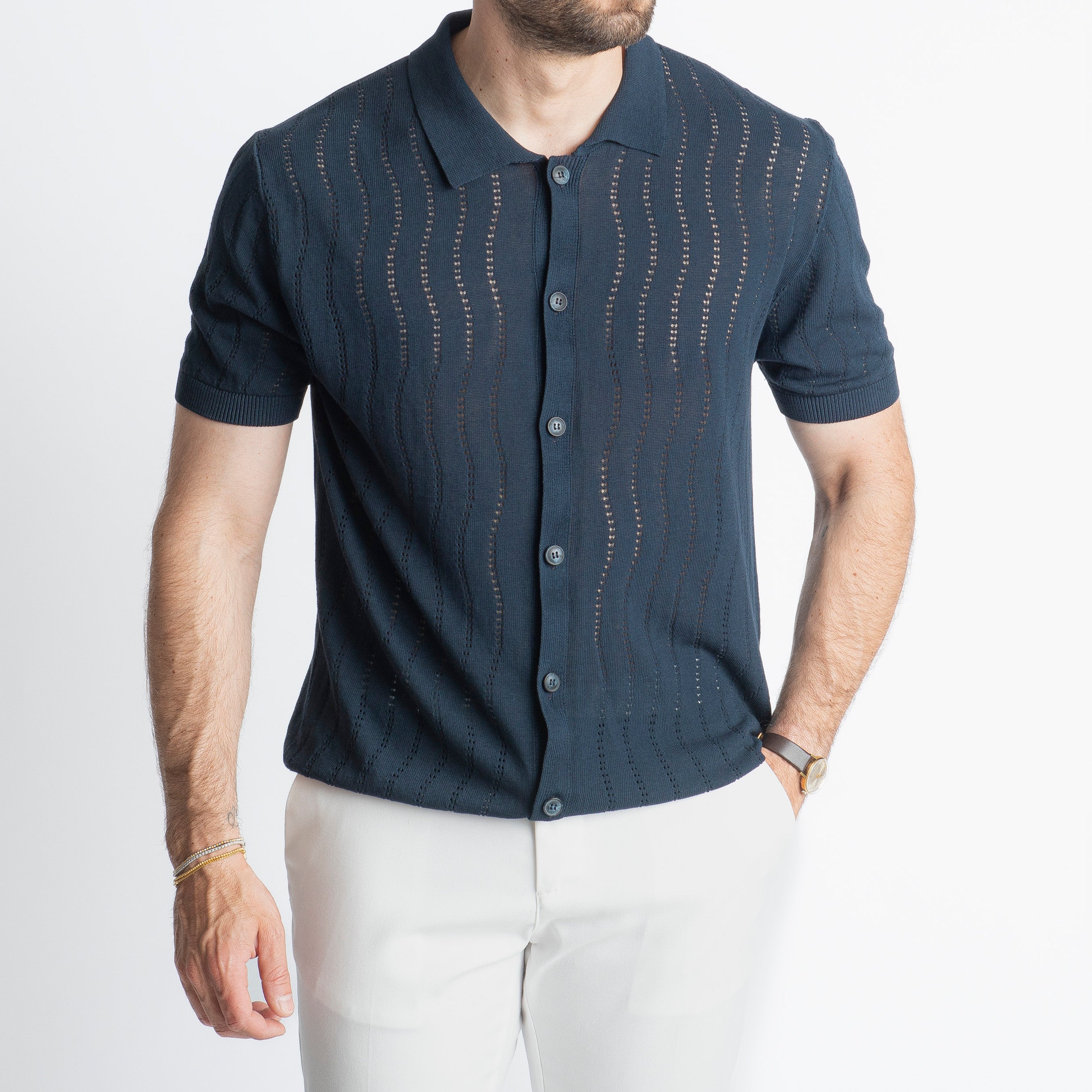 Cardigan Camicia in Crêpe di Cotone Blu