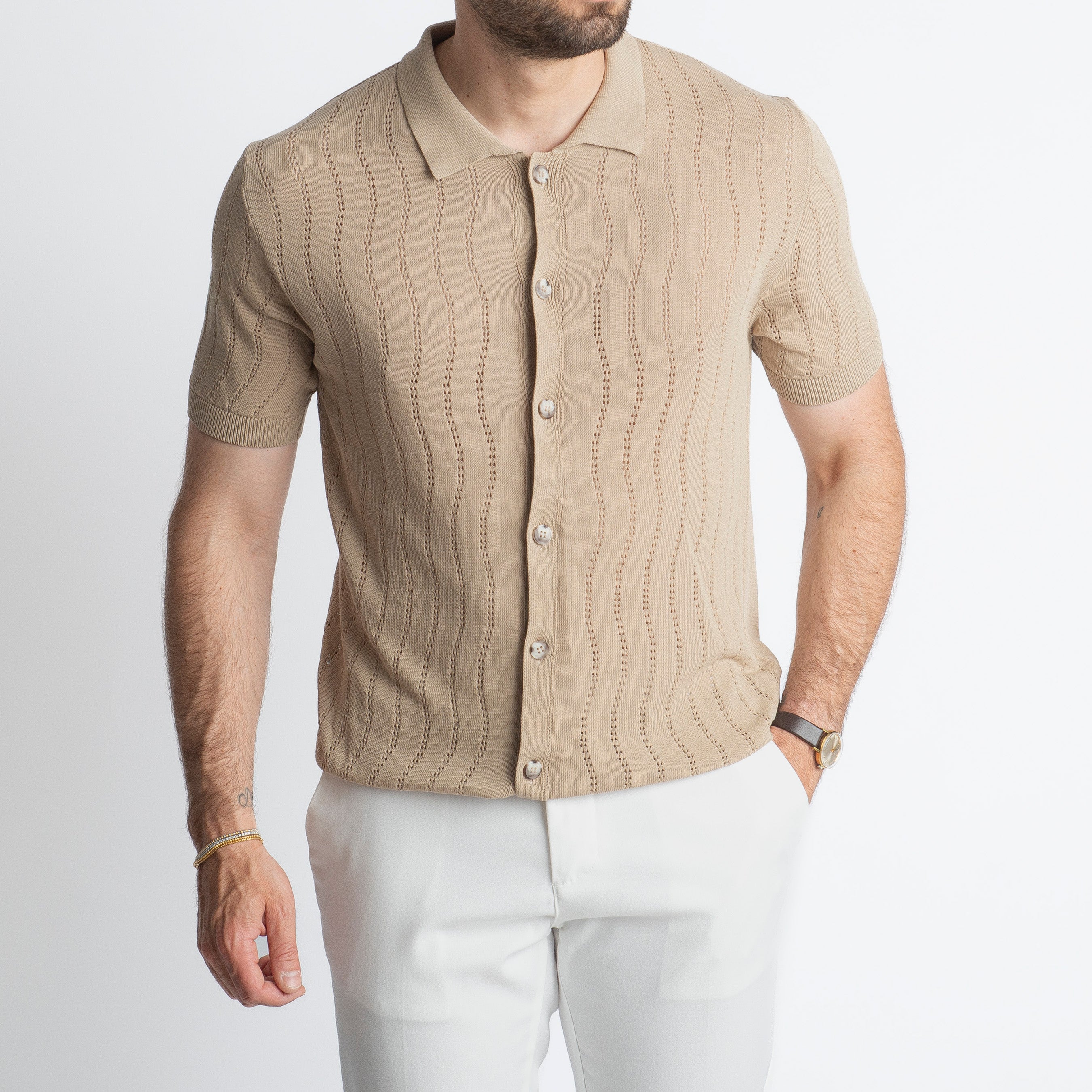 Cardigan Camicia in Crêpe di Cotone Sabbia