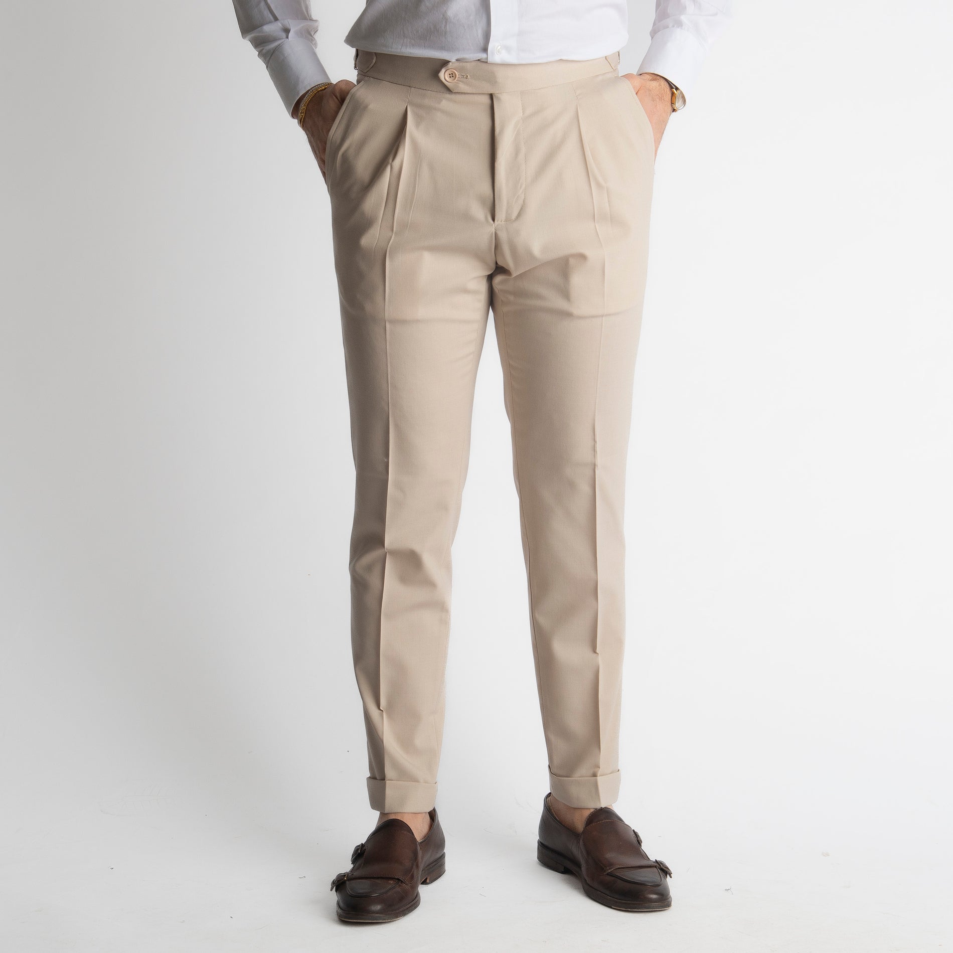 Pantalone Fresco Lana Morositas TO8025 Doppia Fibbia Beige