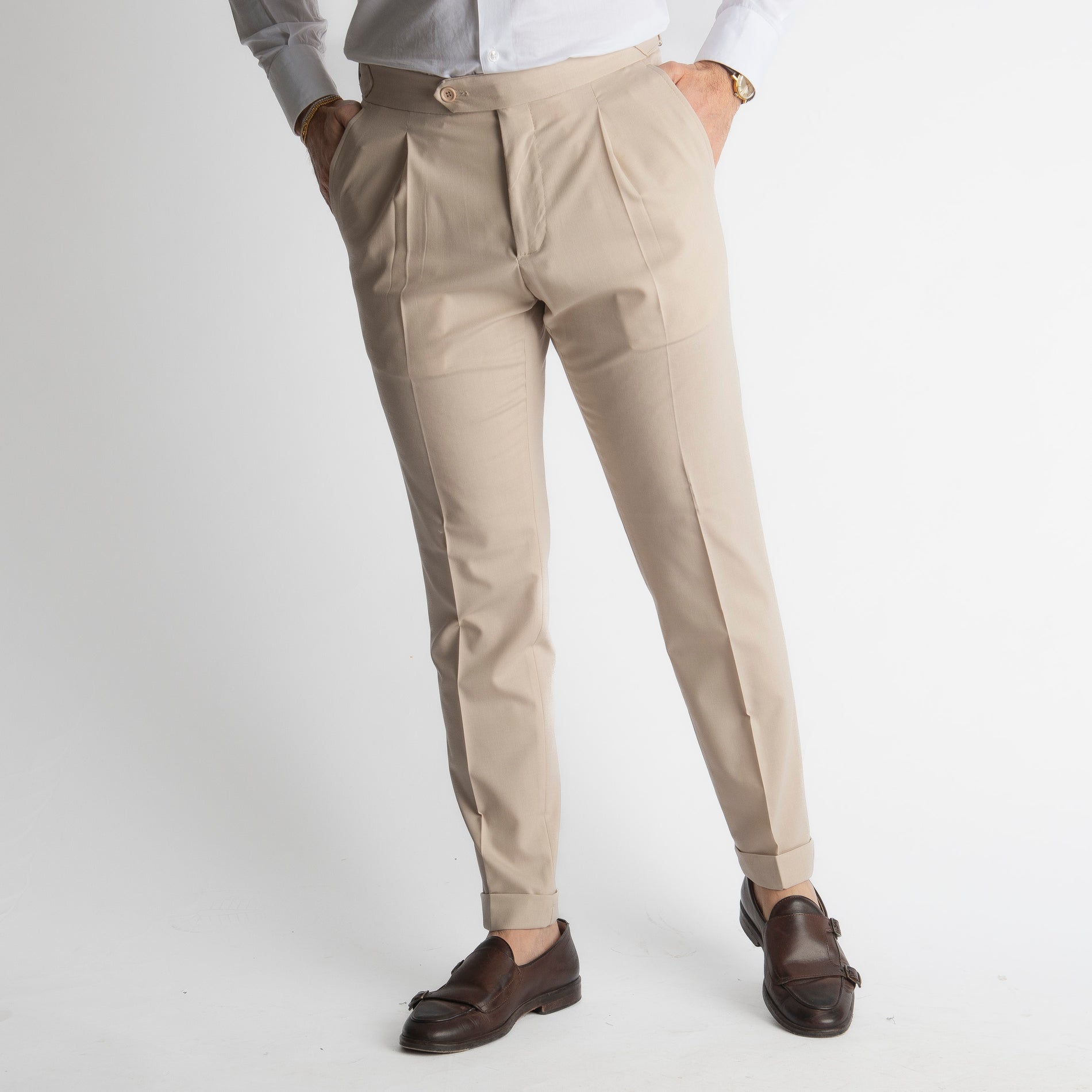 Pantalone Fresco Lana Morositas TO8025 Doppia Fibbia Beige
