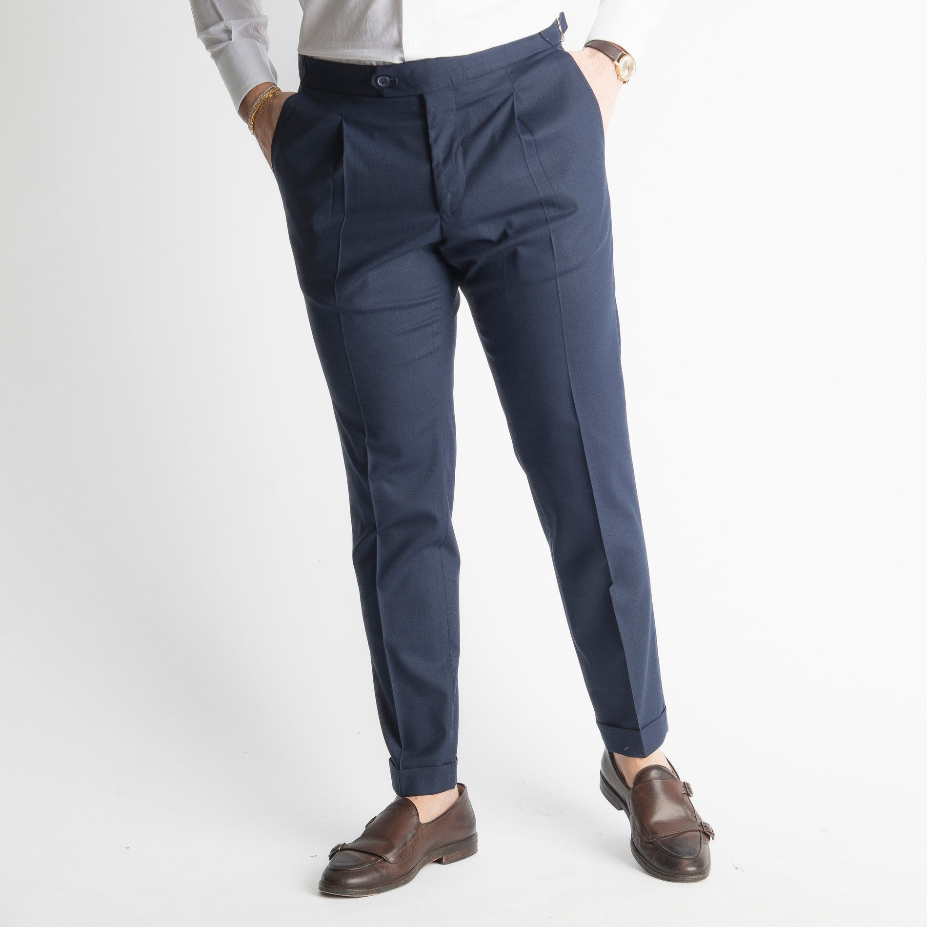 Pantalone Fresco Lana Morositas TO8025 Doppia Fibbia Blu