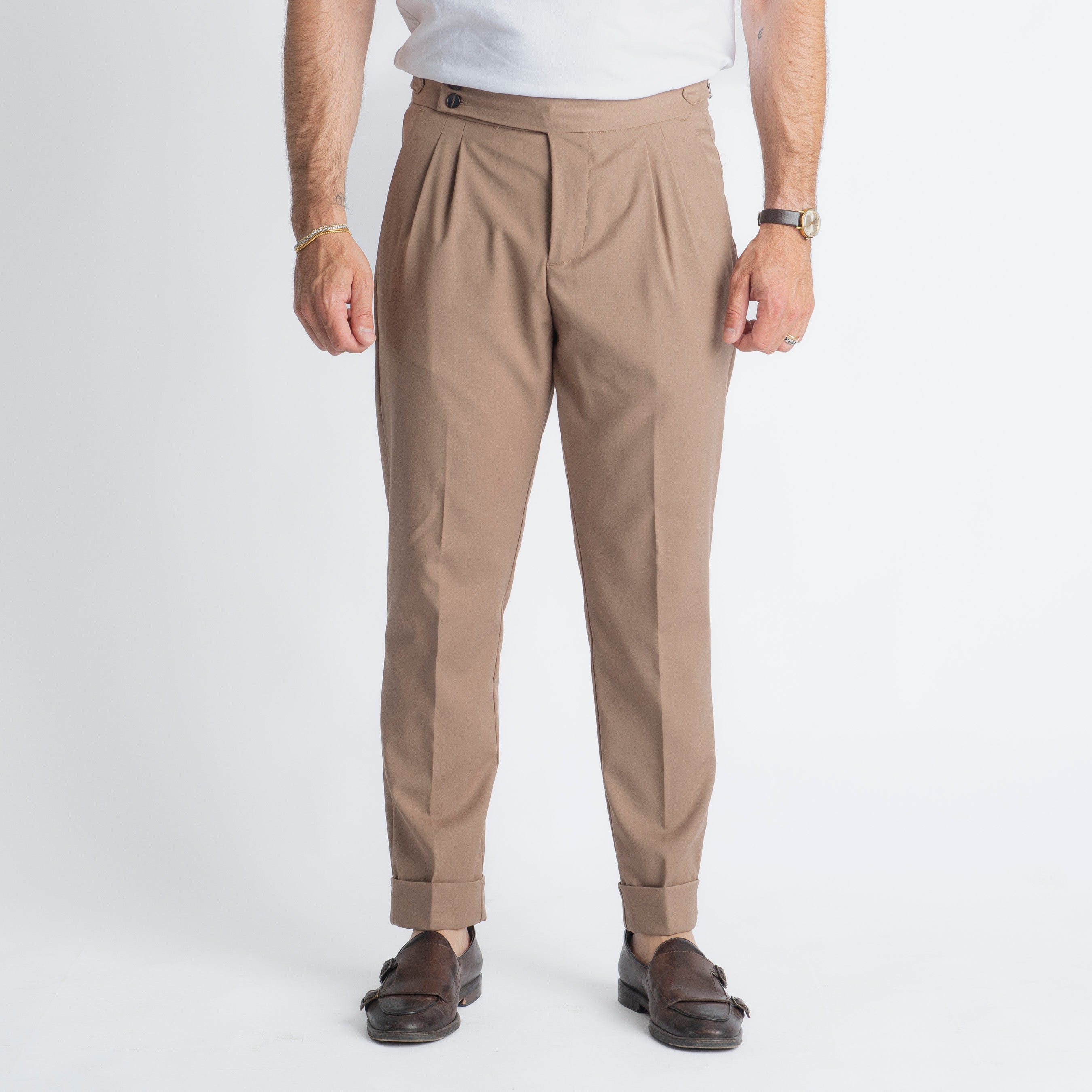 Pantalone Fresco Lana Pisa Doppia Fibbia Biscotto