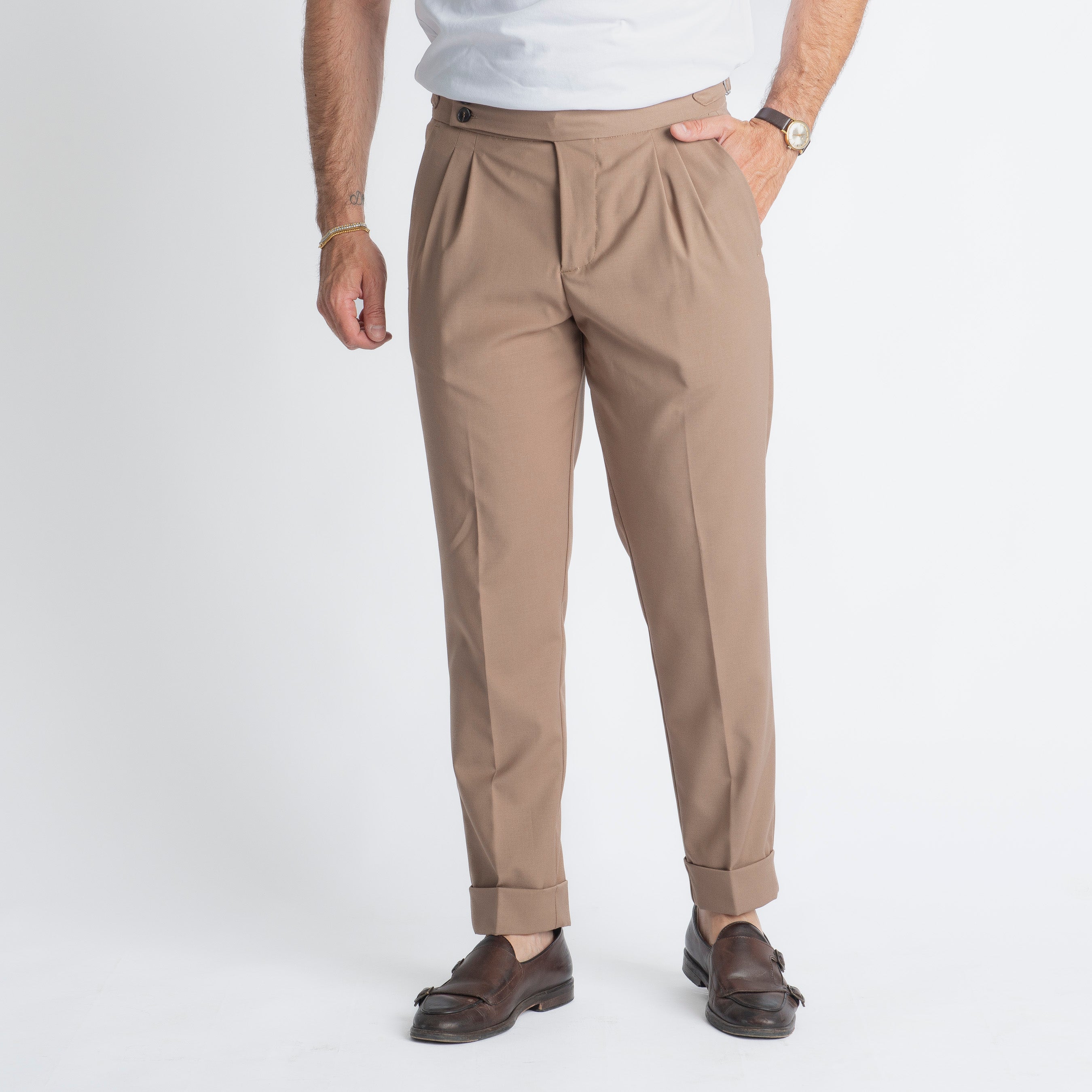 Pantalone Fresco Lana Pisa Doppia Fibbia Biscotto