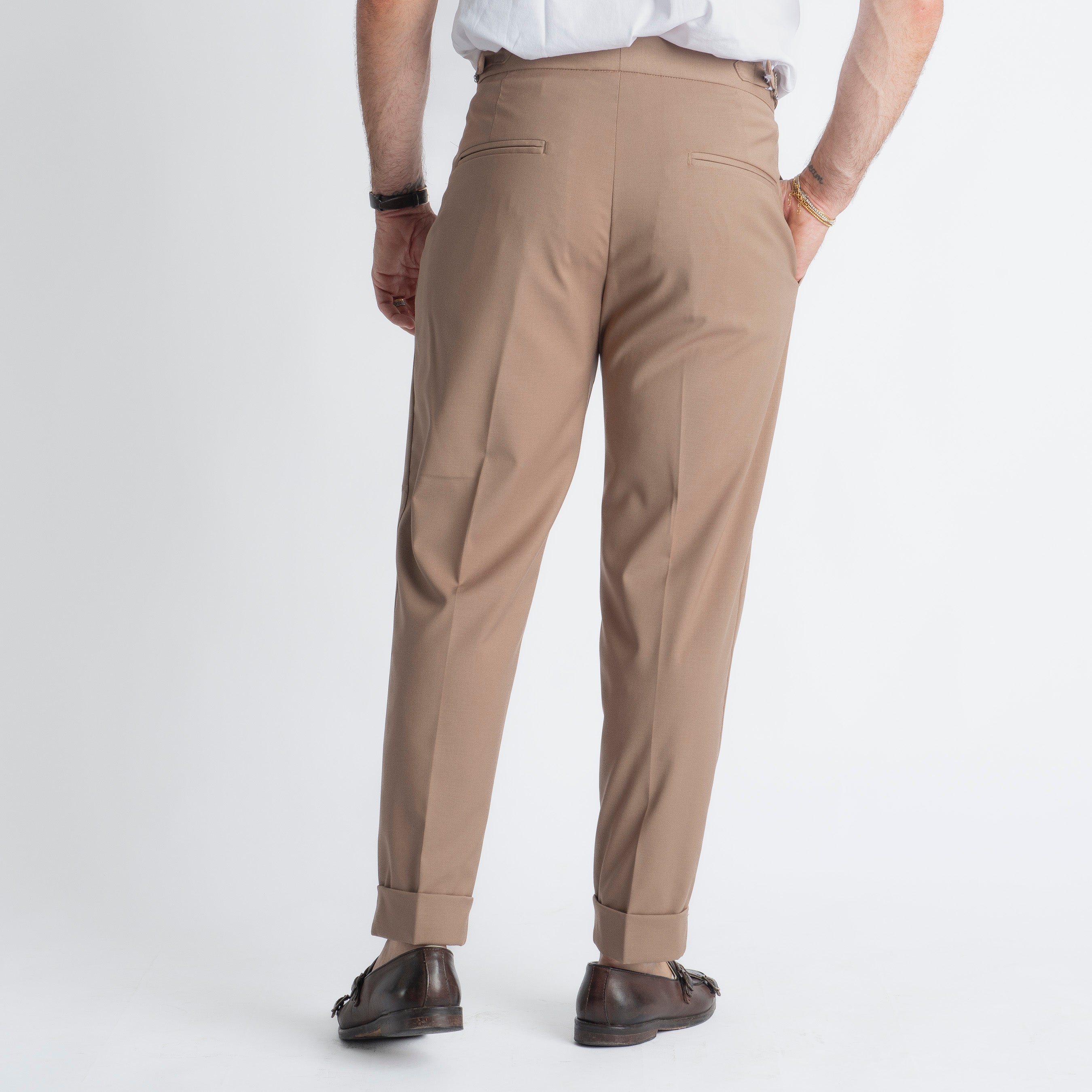 Pantalone Fresco Lana Pisa Doppia Fibbia Biscotto