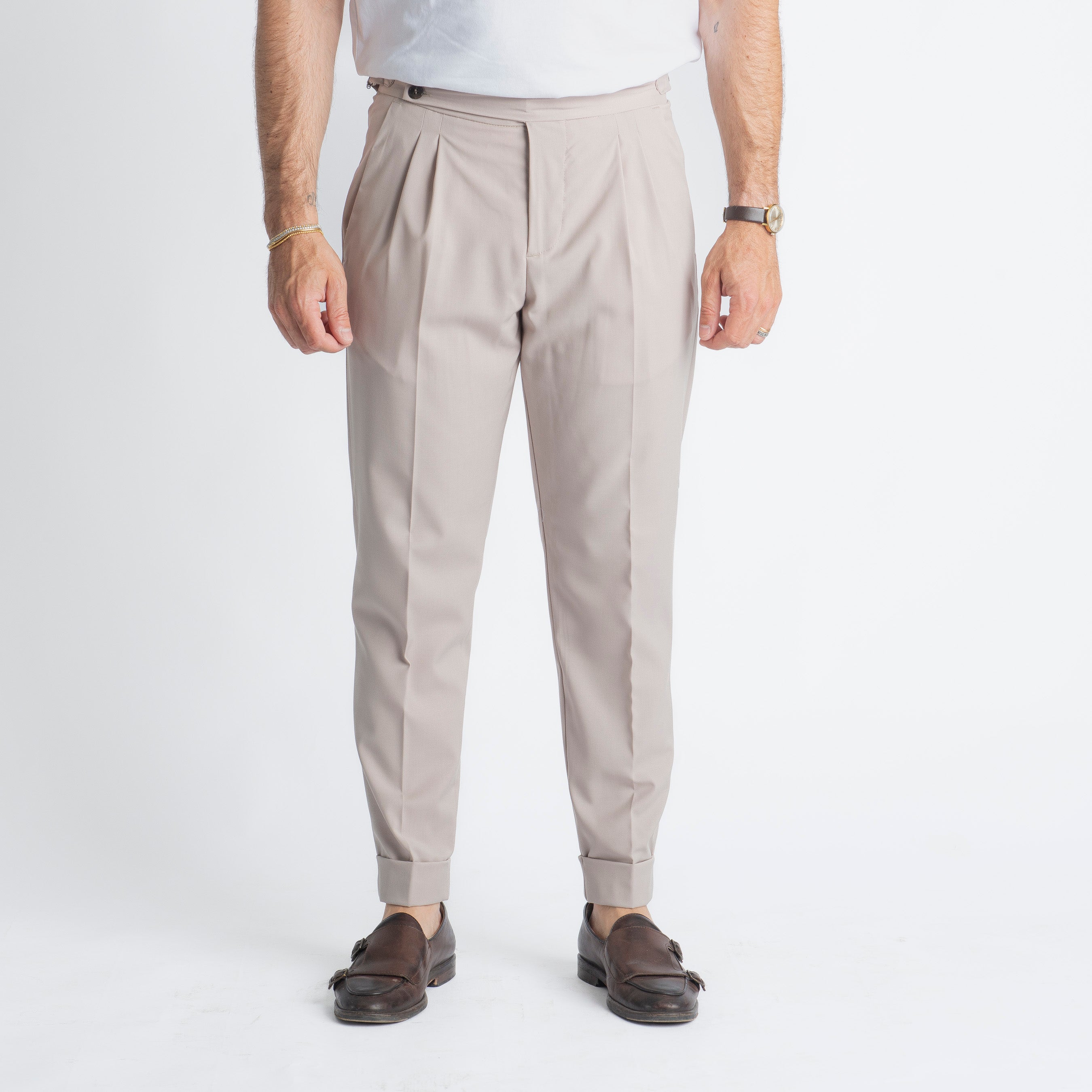 Pantalone Fresco Lana Pisa Doppia Fibbia Beige