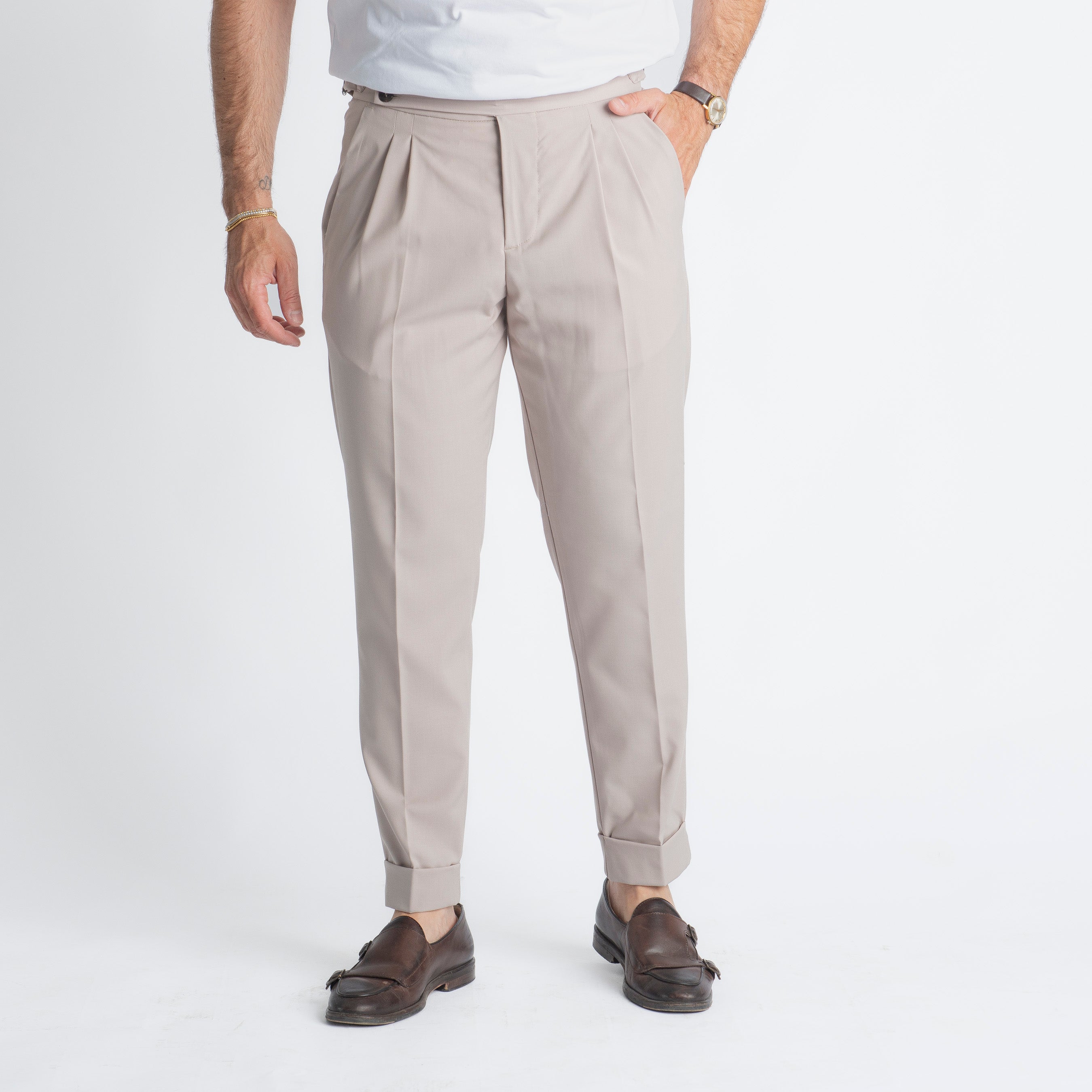 Pantalone Fresco Lana Pisa Doppia Fibbia Beige