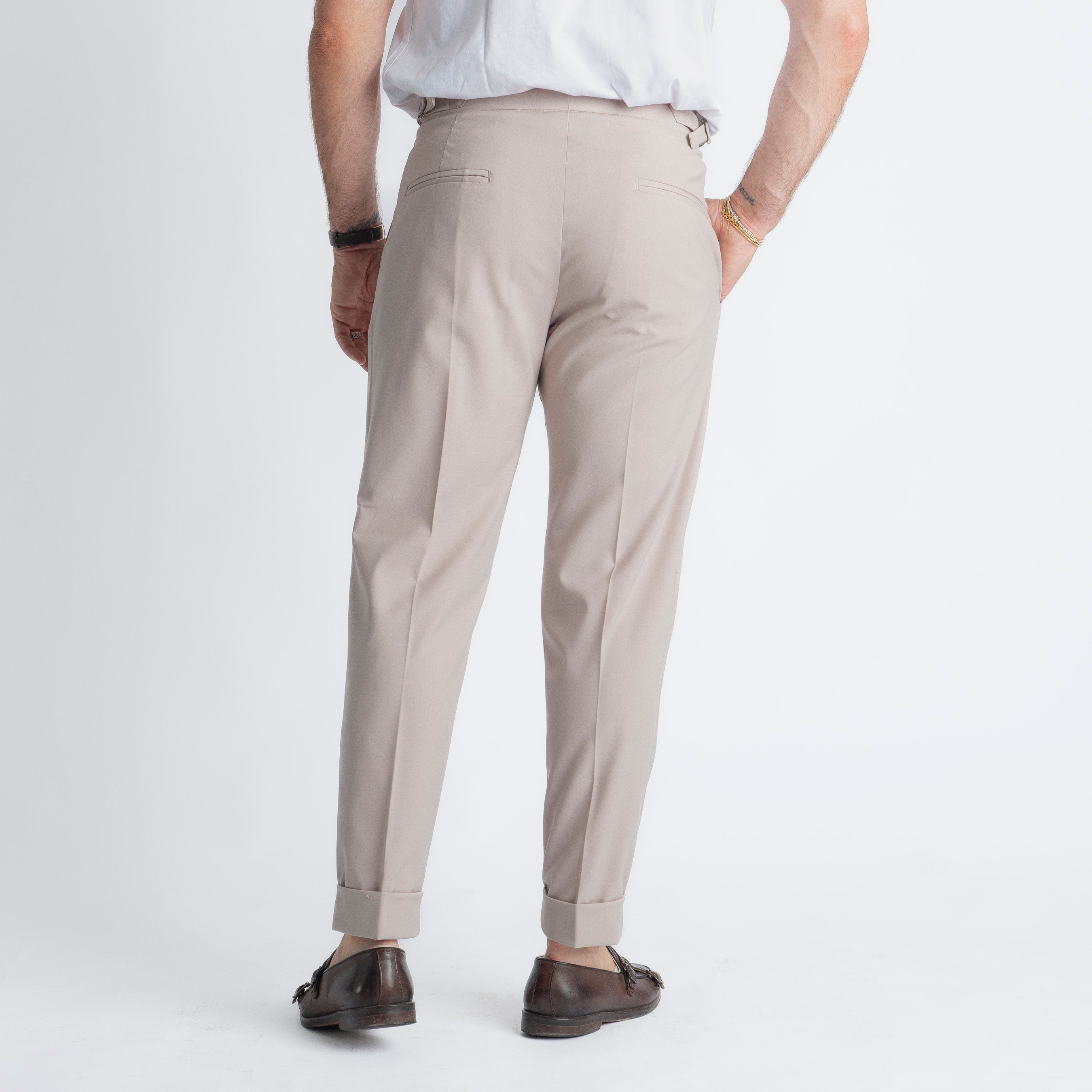 Pantalone Fresco Lana Pisa Doppia Fibbia Beige