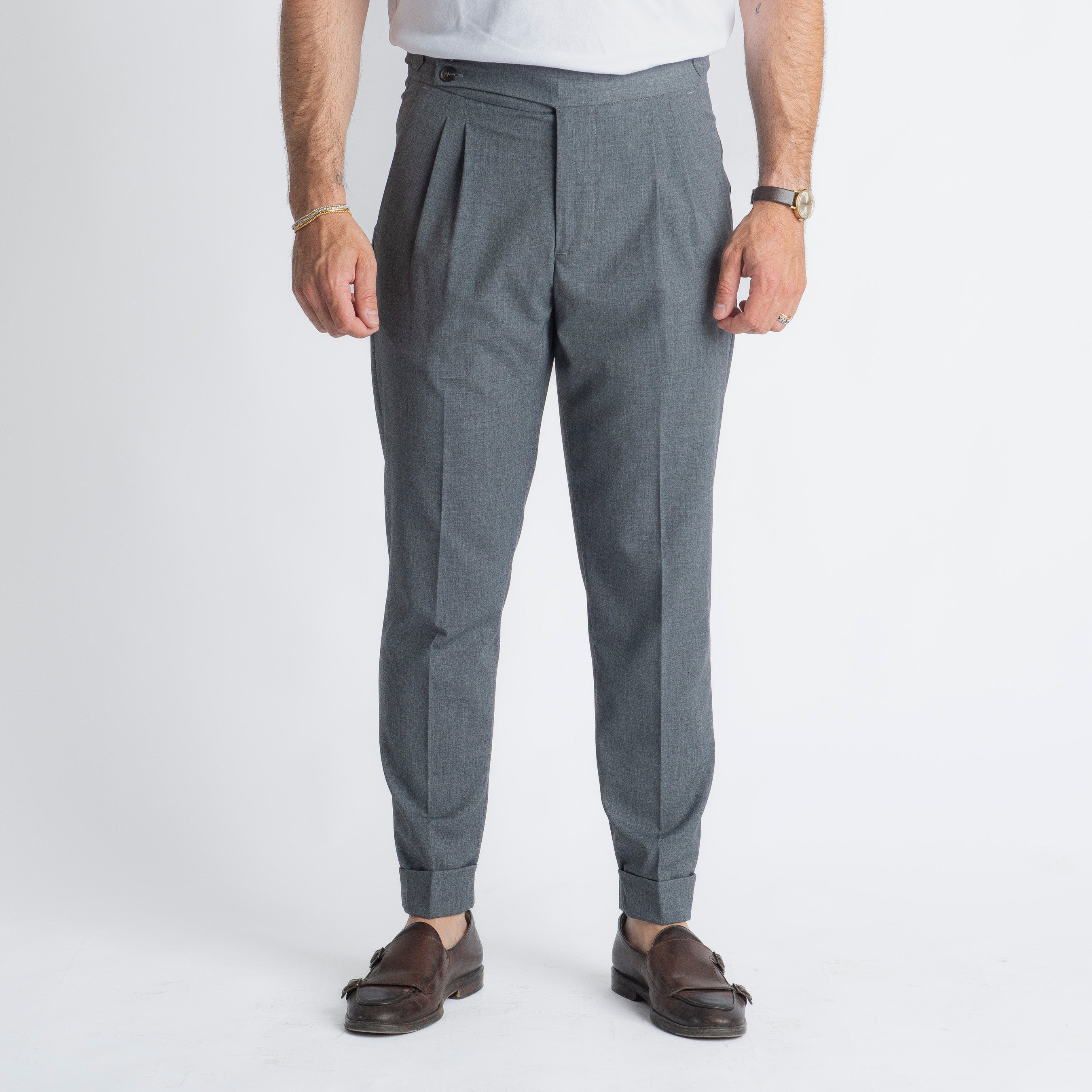 Pantalone Fresco Lana Pisa Doppia Fibbia Grigio