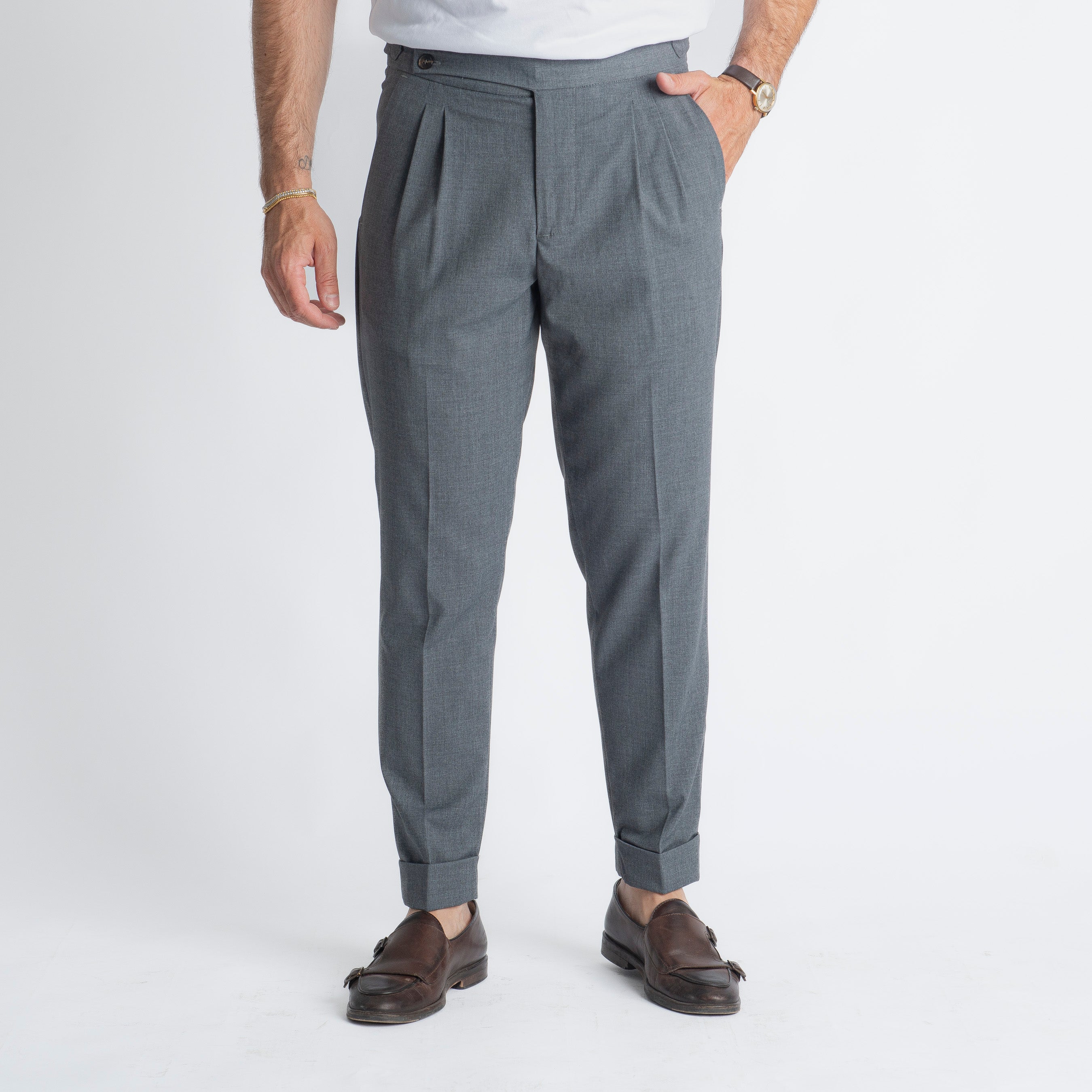 Pantalone Fresco Lana Pisa Doppia Fibbia Grigio