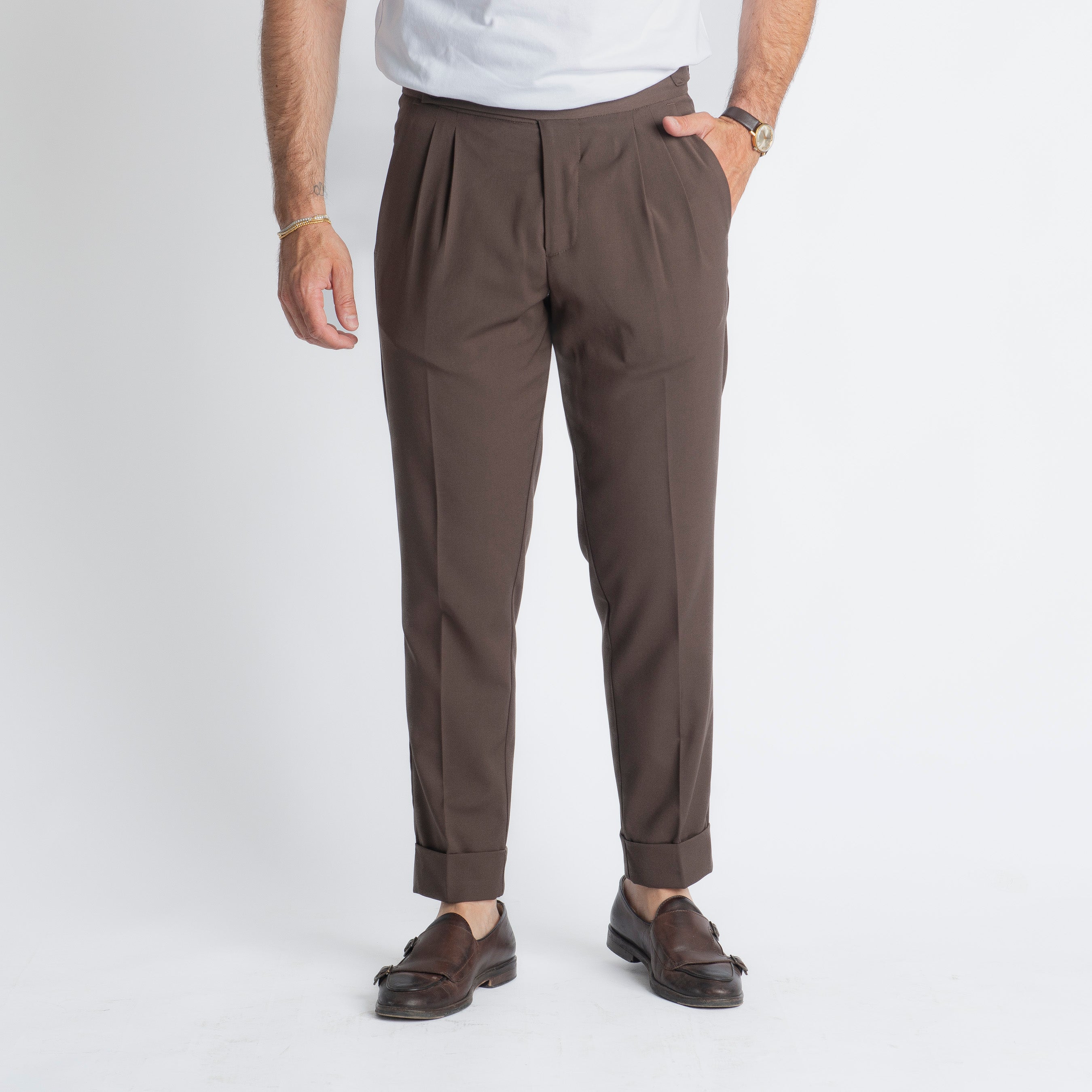 Pantalone Fresco Lana Pisa Doppia Fibbia Moro