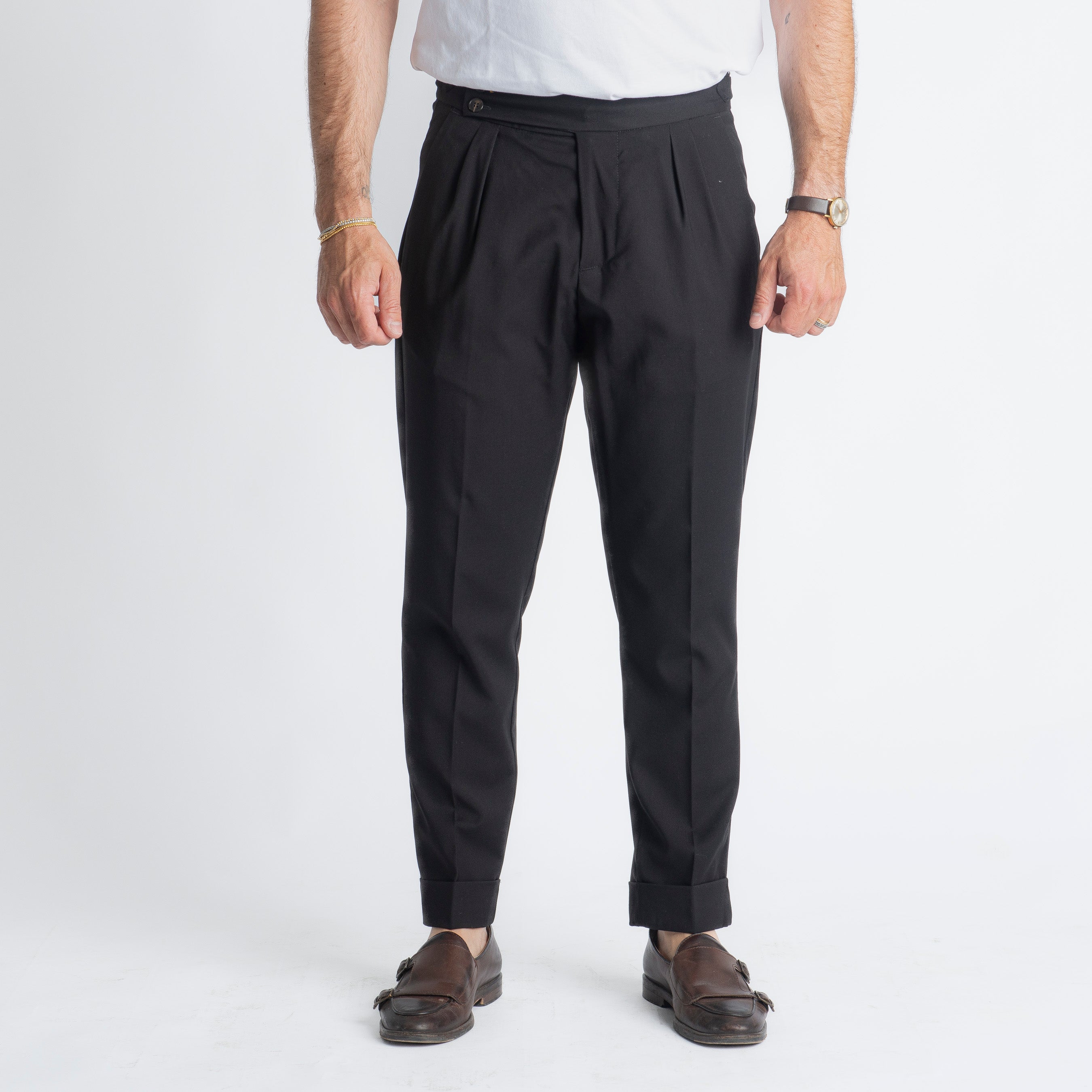 Pantalone Fresco Lana Pisa Doppia Fibbia Nero