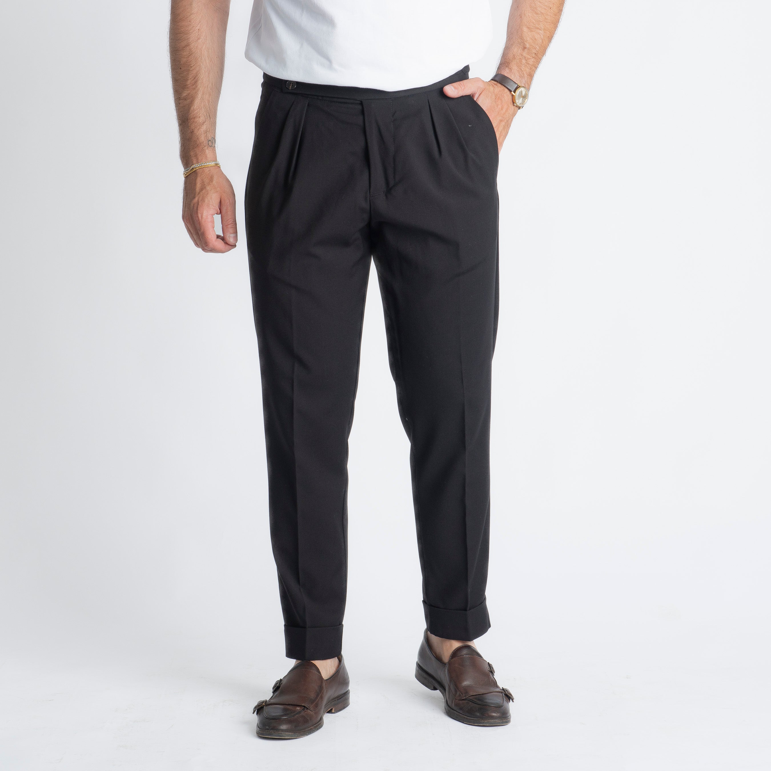 Pantalone Fresco Lana Pisa Doppia Fibbia Nero