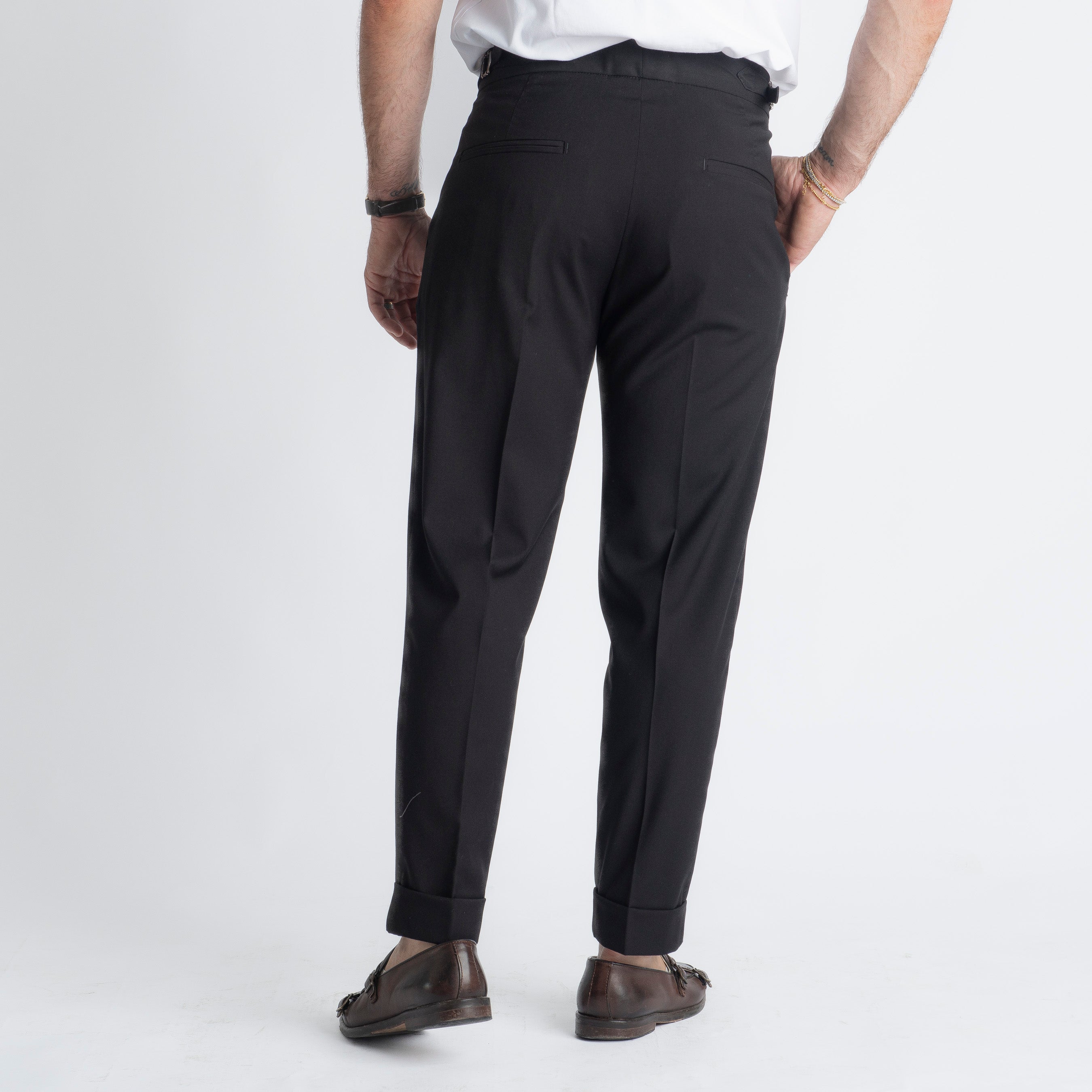 Pantalone Fresco Lana Pisa Doppia Fibbia Nero