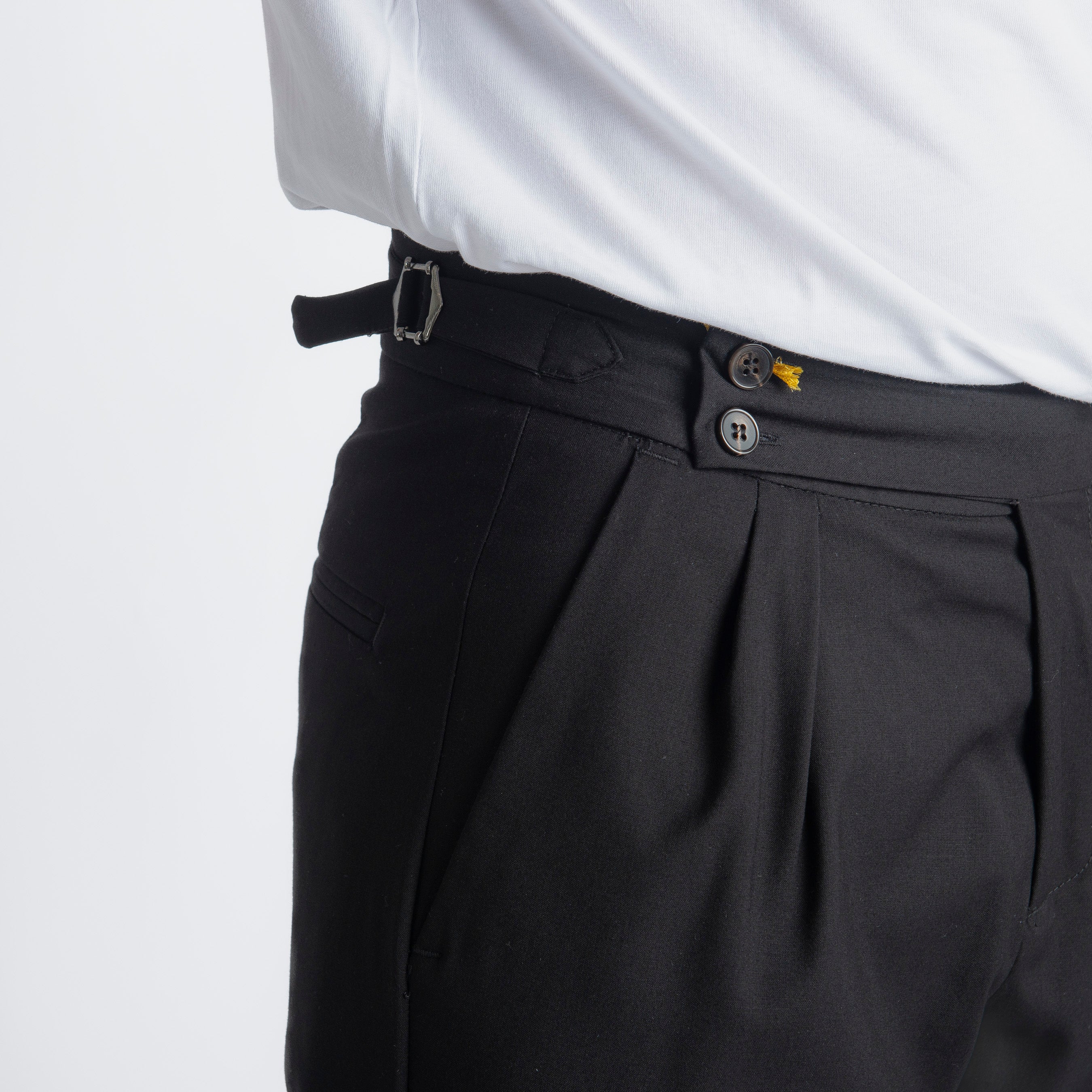 Pantalone Fresco Lana Pisa Doppia Fibbia Nero