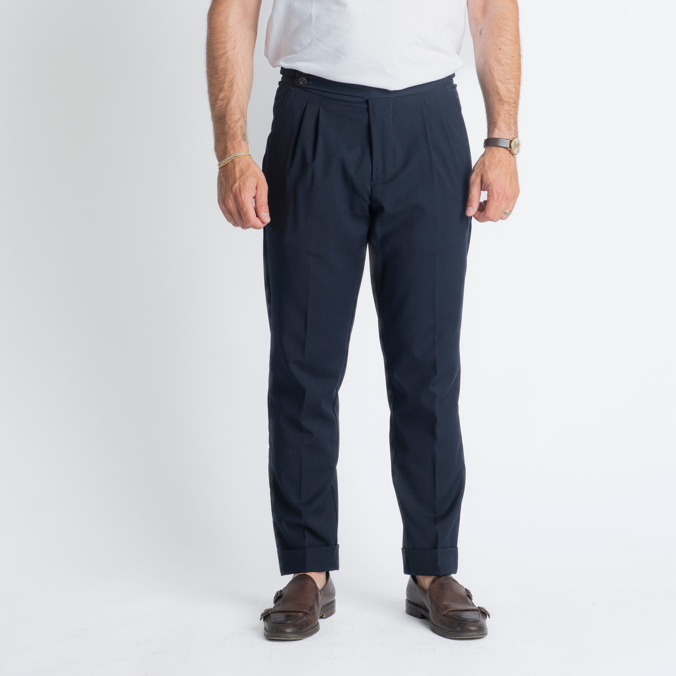 Pantalone Fresco Lana Pisa Doppia Fibbia Blu
