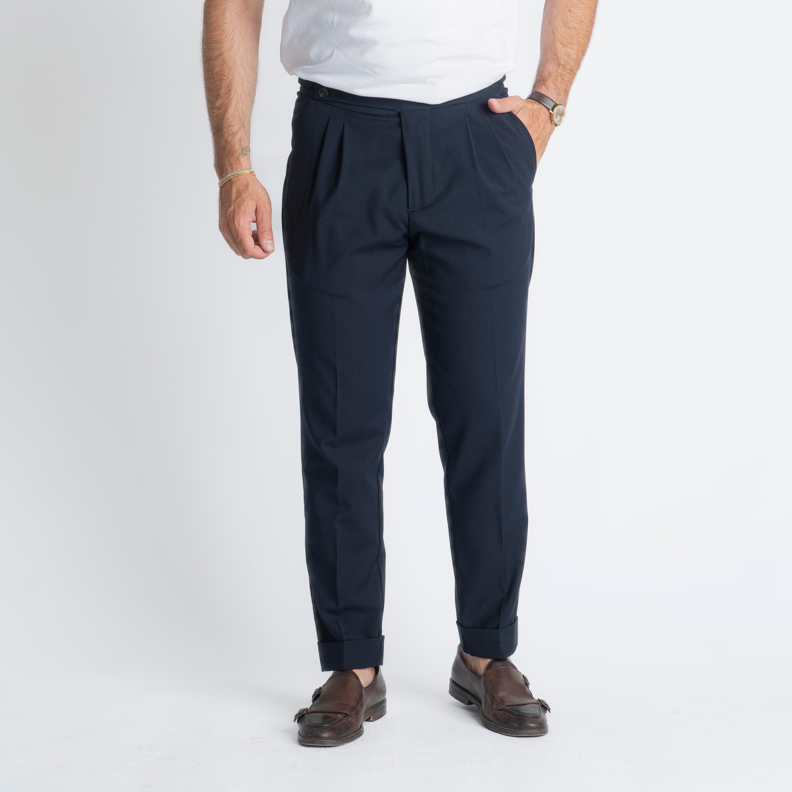 Pantalone Fresco Lana Pisa Doppia Fibbia Blu