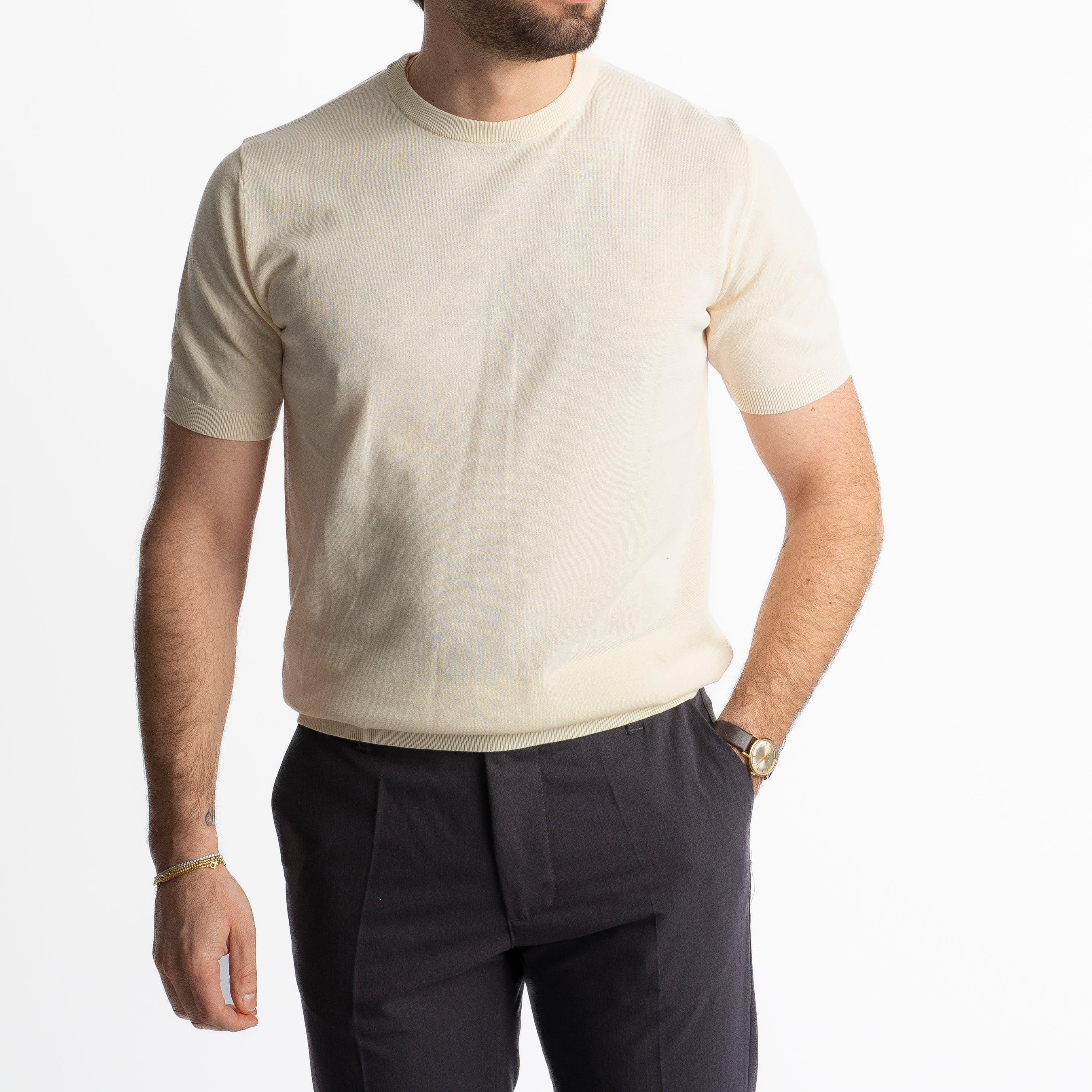 T-Shirt Girocollo Cotone Superior Quality Panna