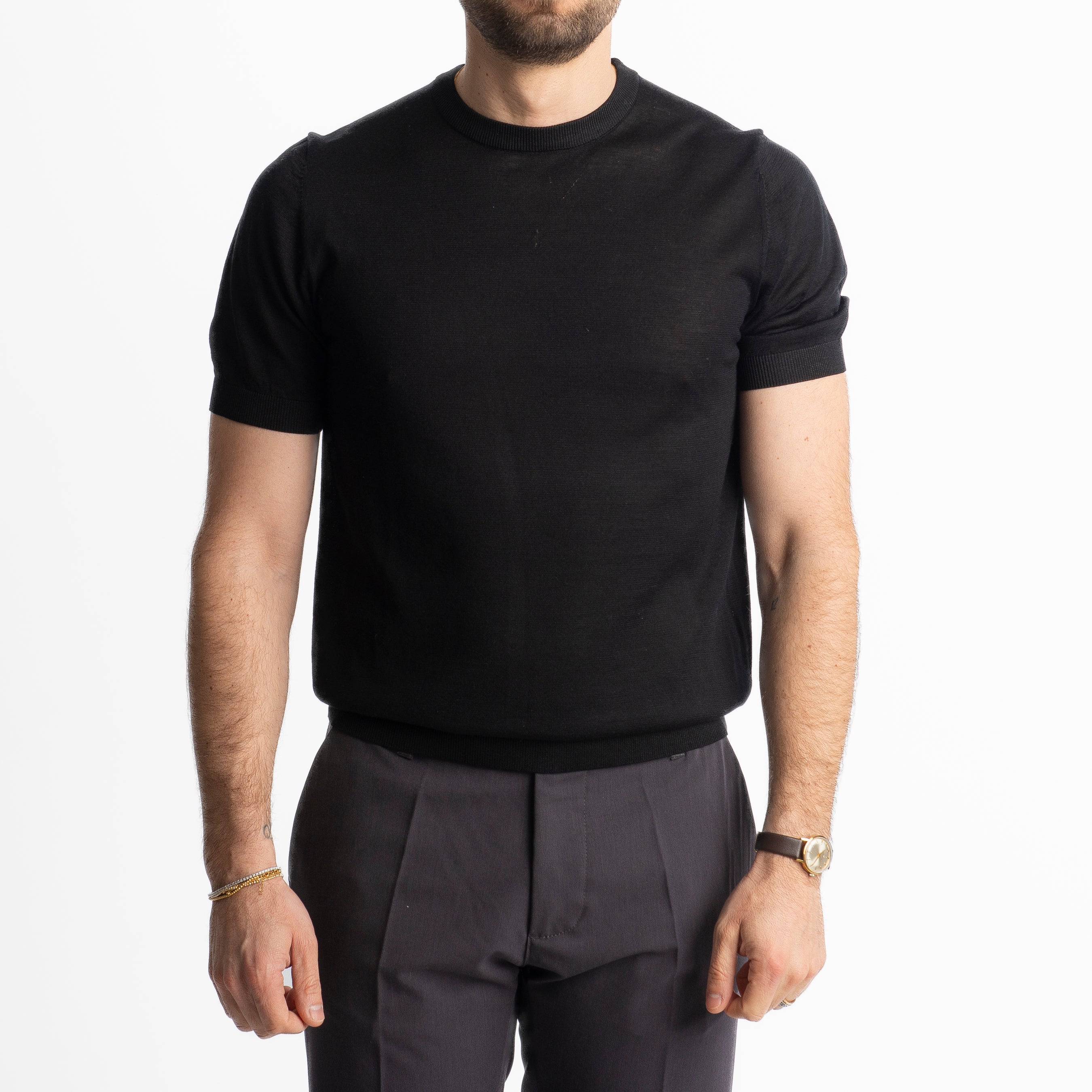 T-Shirt Girocollo Cotone E Seta Superior Quality Nero