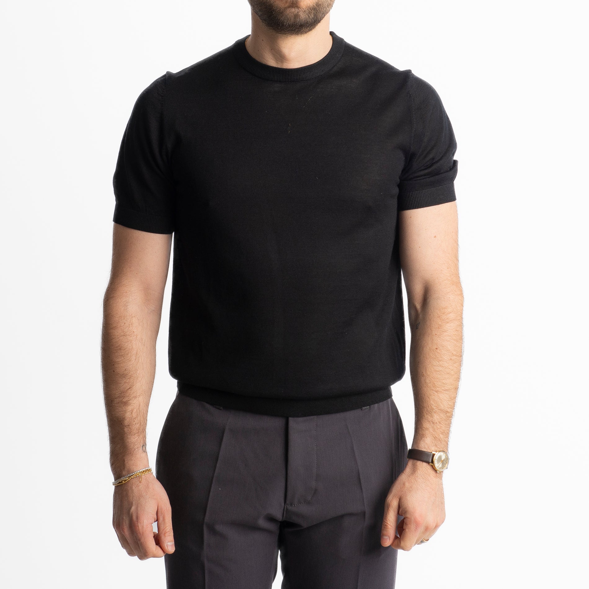 T-Shirt Girocollo Cotone E Seta Superior Quality Nero