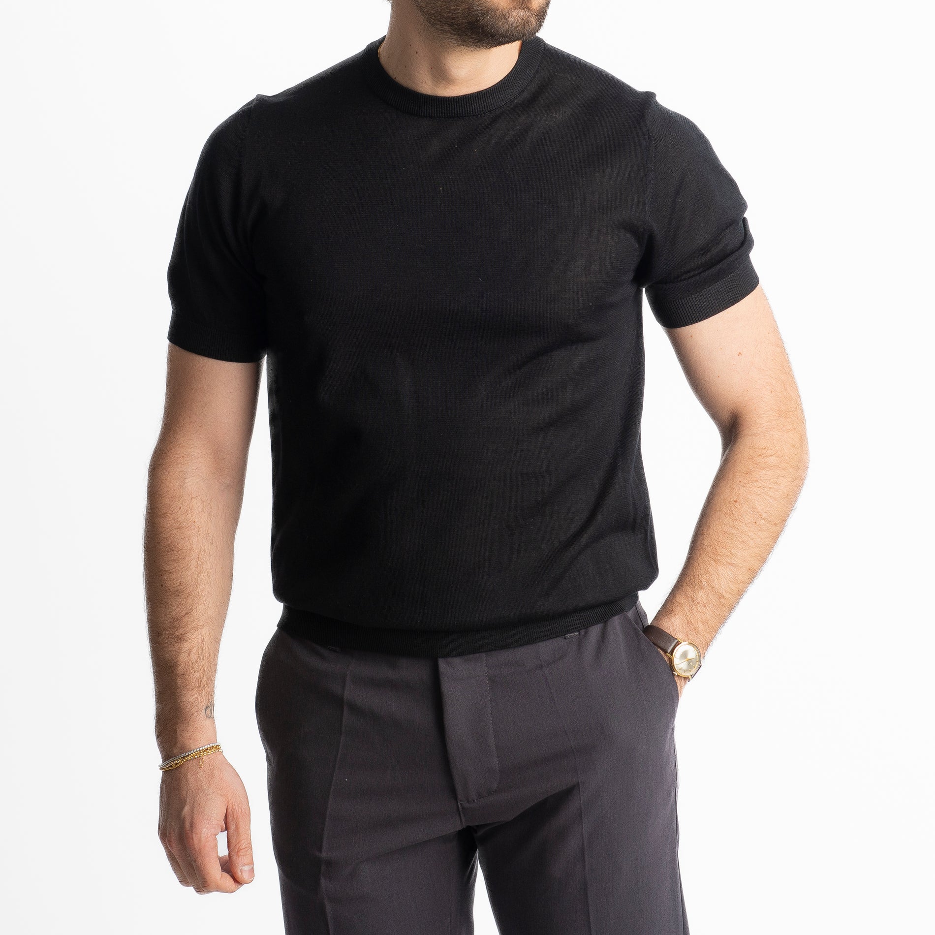 T-Shirt Girocollo Cotone E Seta Superior Quality Nero