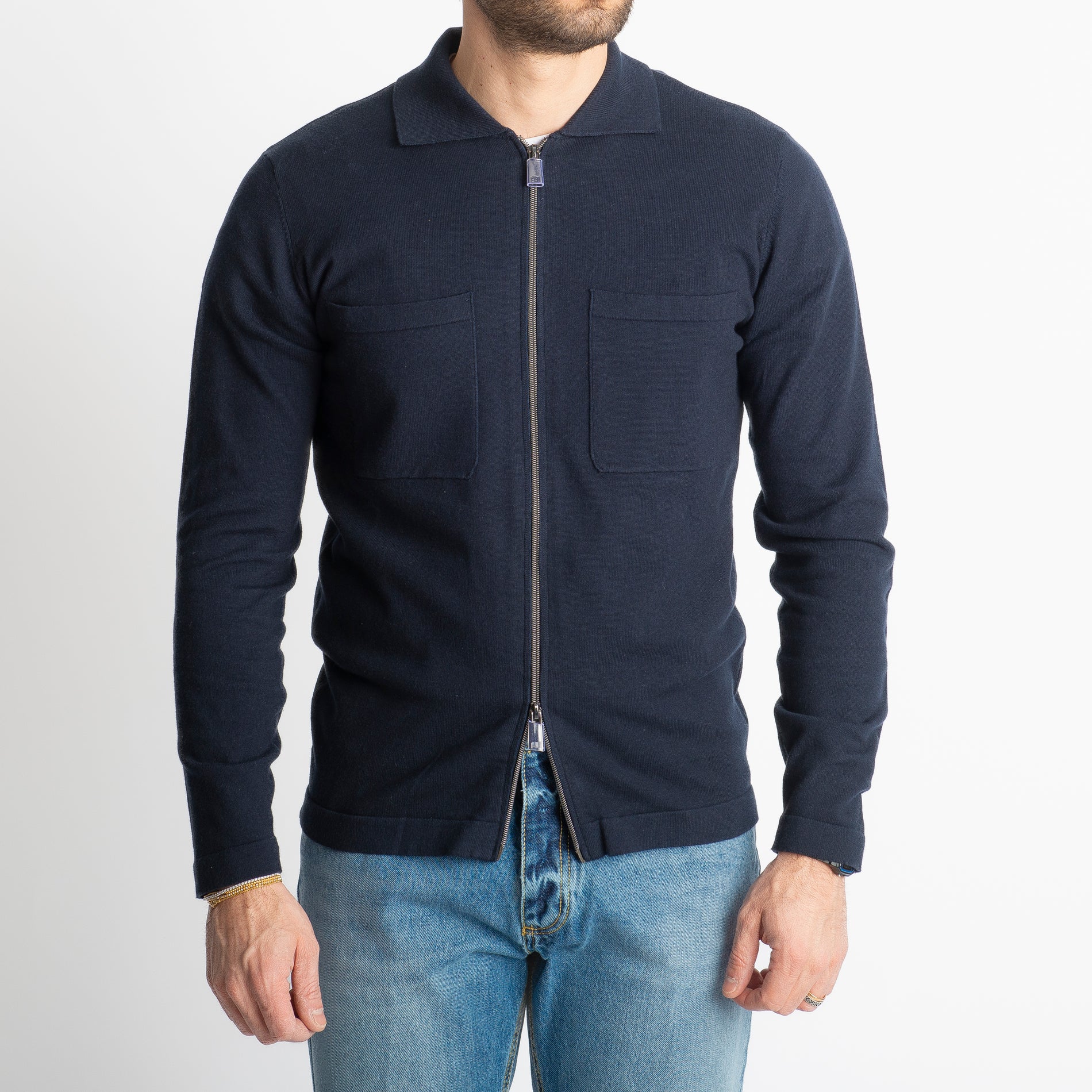 Cardigan Full Zip Con Tasche In Filo Blu