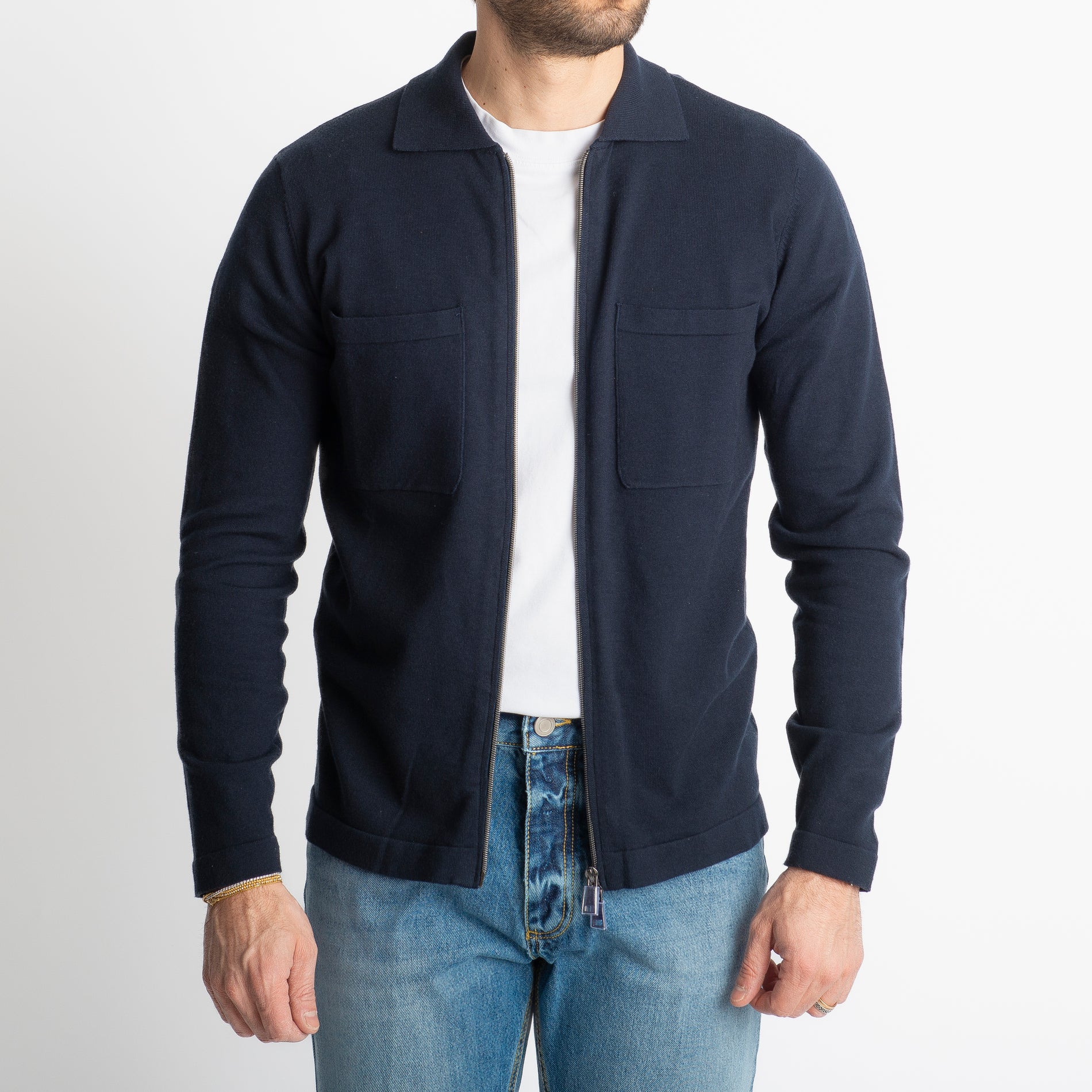 Cardigan Full Zip Con Tasche In Filo Blu