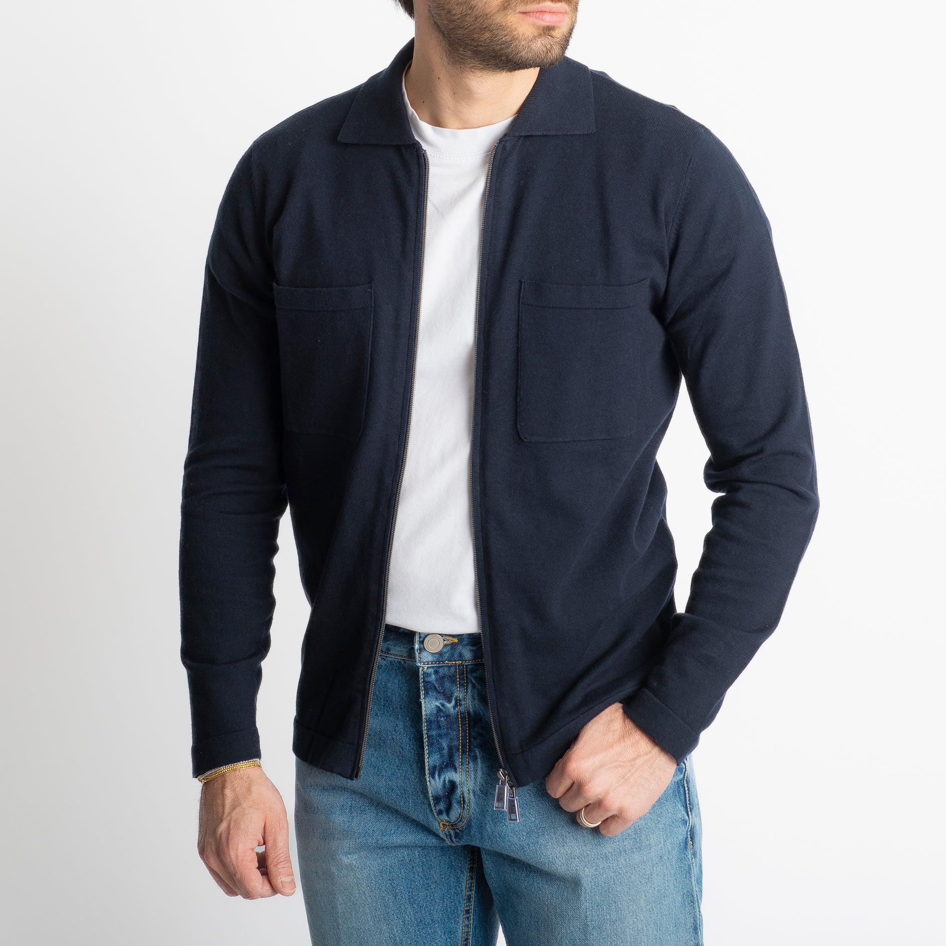 Cardigan Full Zip Con Tasche In Filo Blu