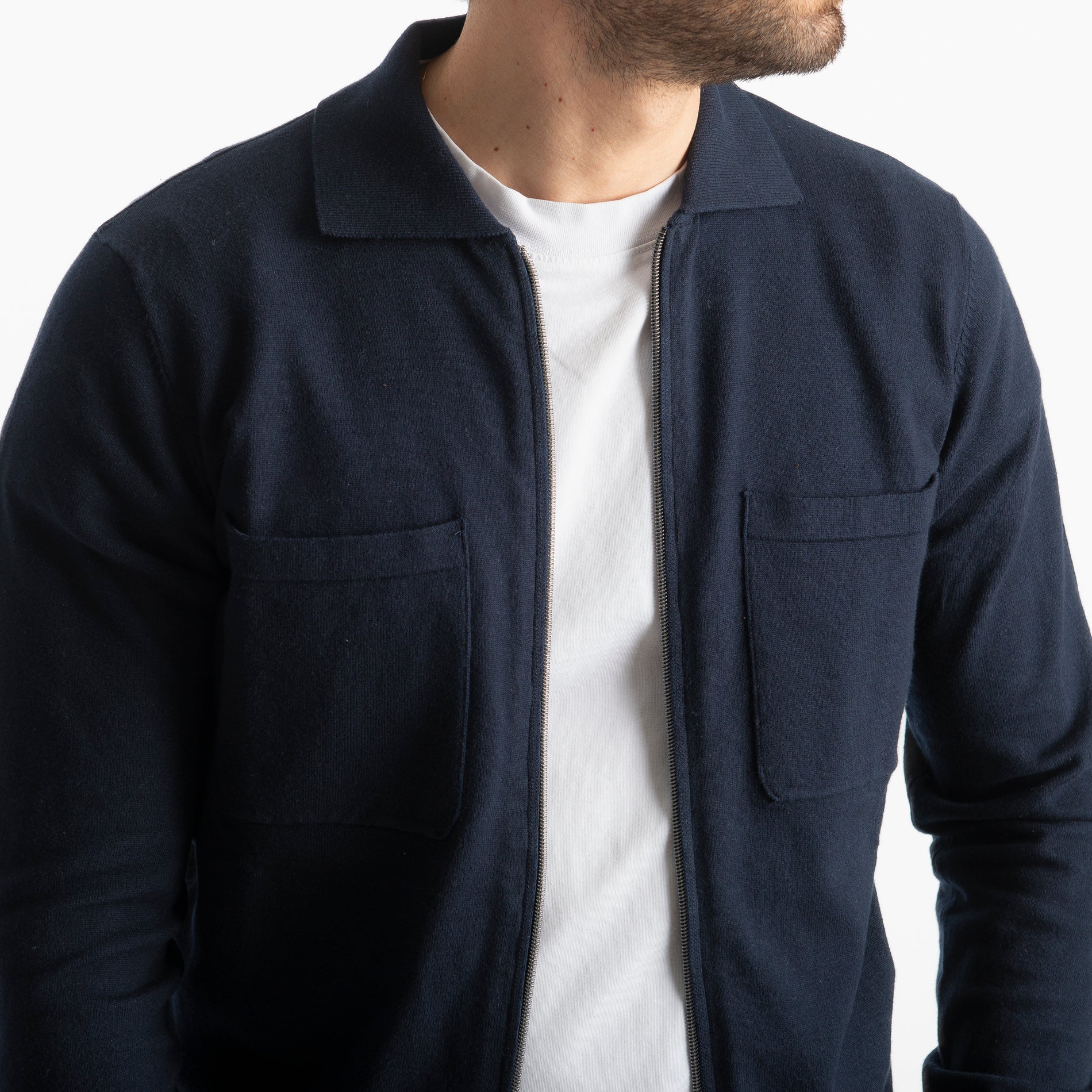 Cardigan Full Zip Con Tasche In Filo Blu