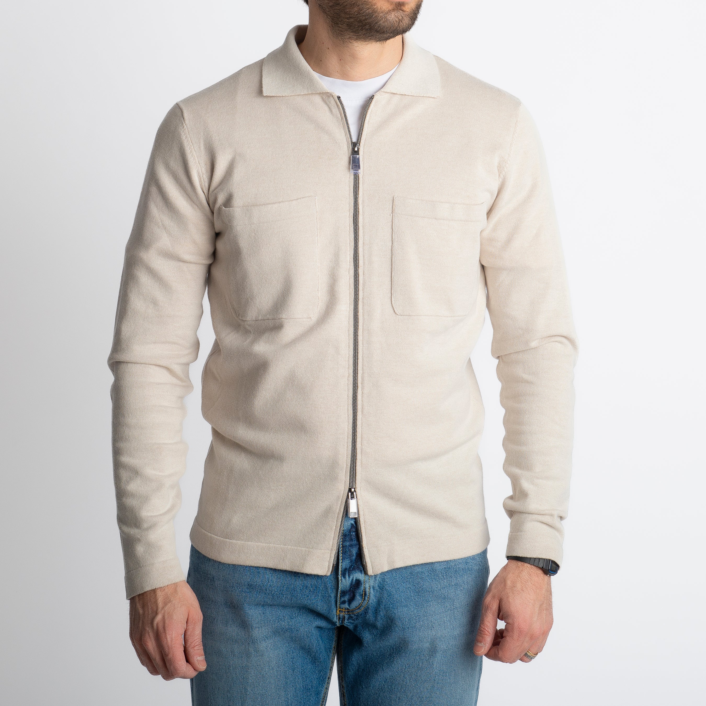 Cardigan Full Zip Con Tasche In Filo Ecrù