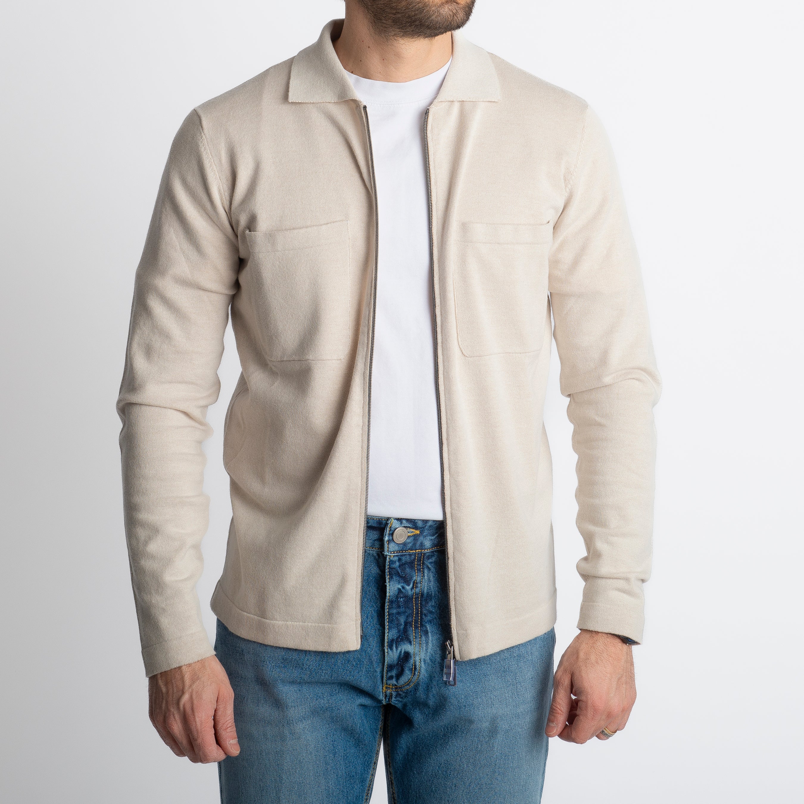 Cardigan Full Zip Con Tasche In Filo Ecrù
