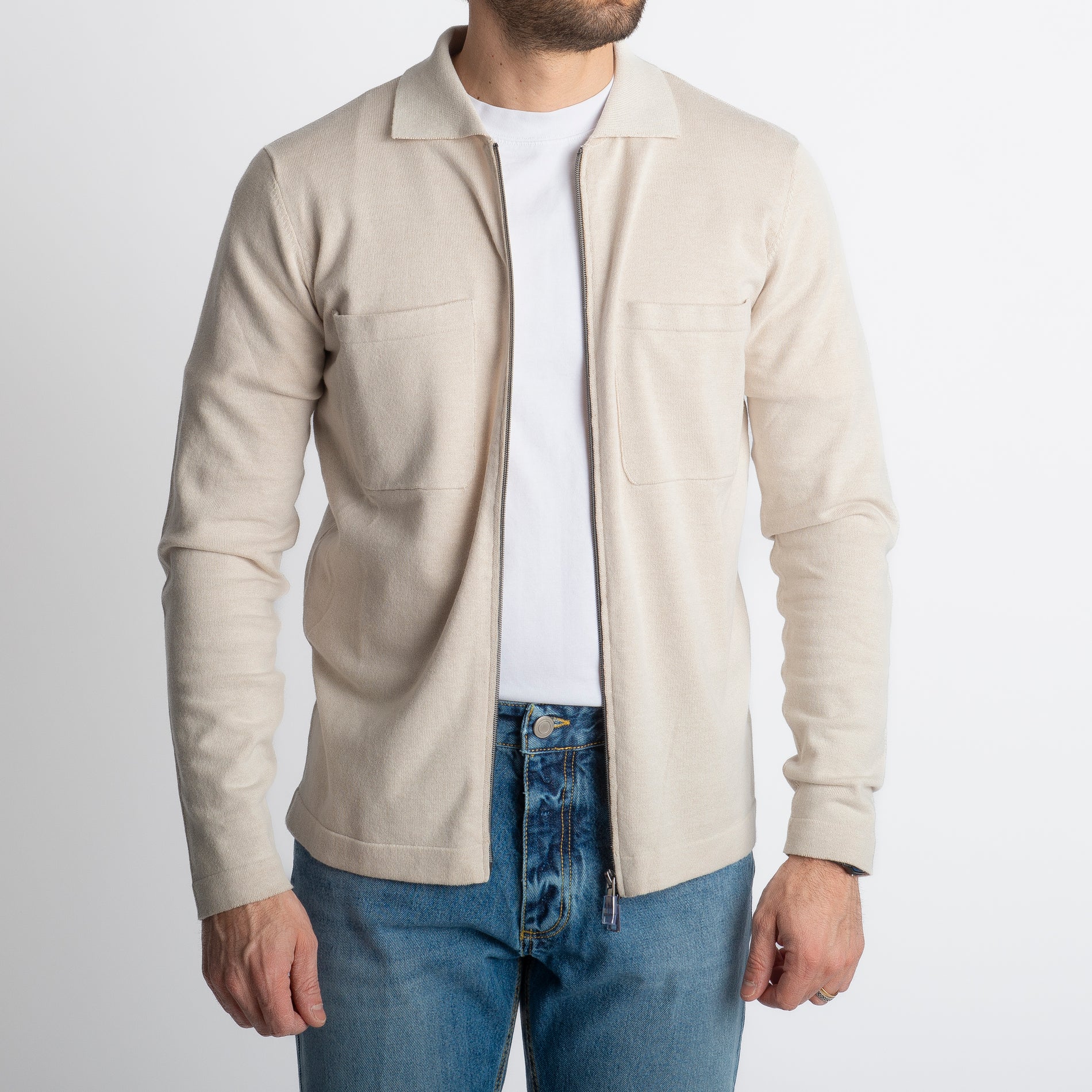 Cardigan Full Zip Con Tasche In Filo Ecrù
