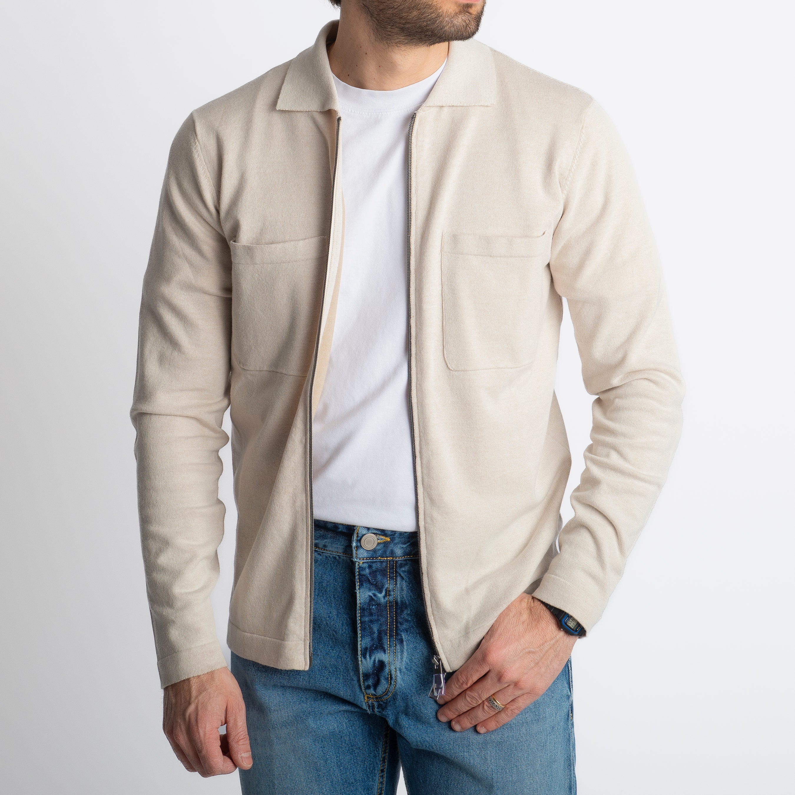 Cardigan Full Zip Con Tasche In Filo Ecrù