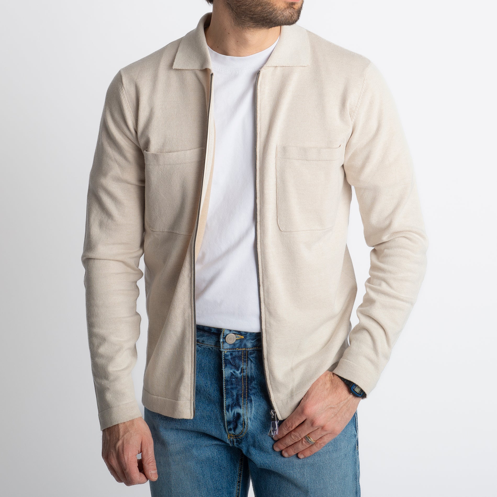 Cardigan Full Zip Con Tasche In Filo Ecrù