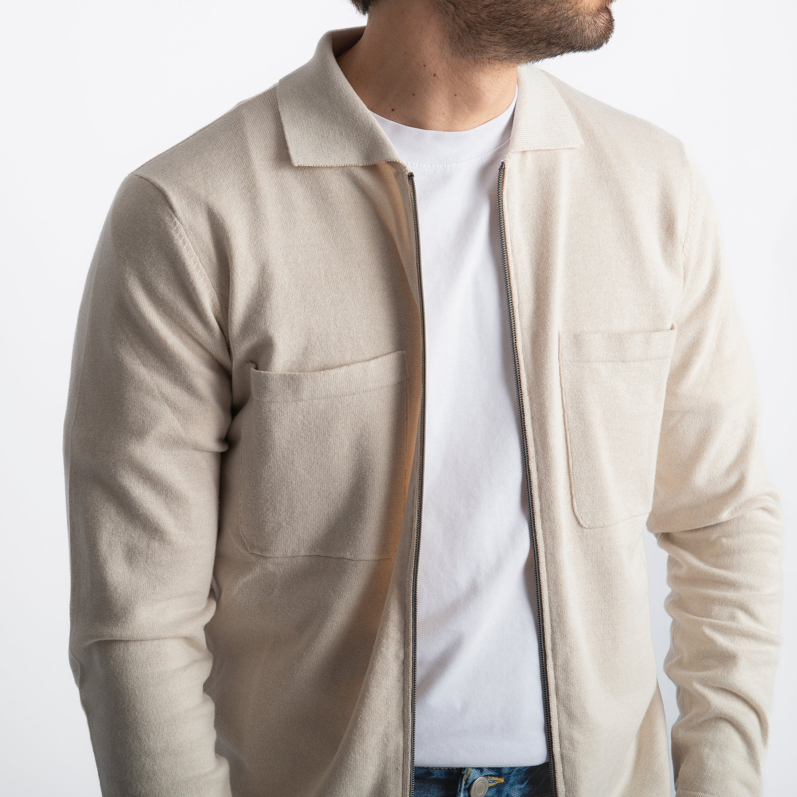 Cardigan Full Zip Con Tasche In Filo Ecrù