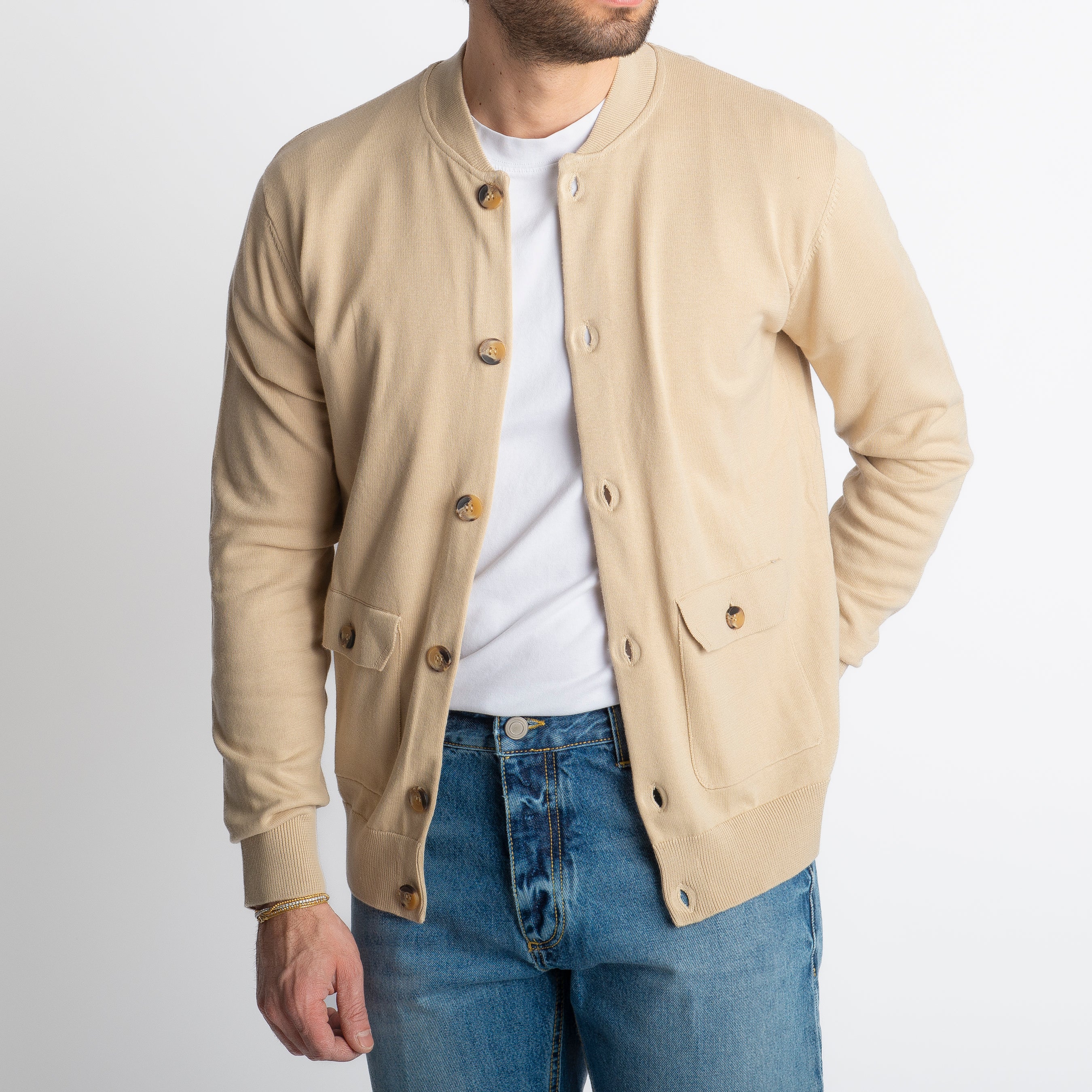 Cardigan Collage Con Bottoni In Filo Beige